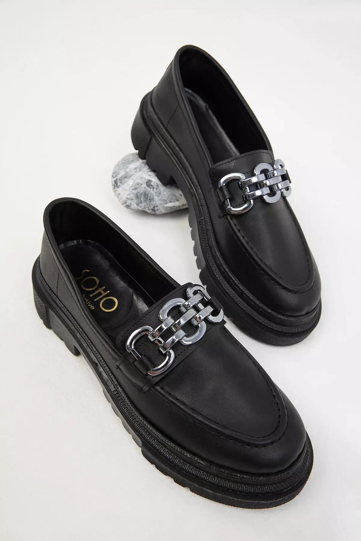 Black Chain Detailed Loafers, BLACK, medium