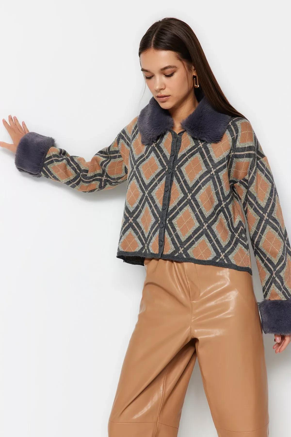 Beige Diamond Pattern Cardigan, Beige, large image number 0