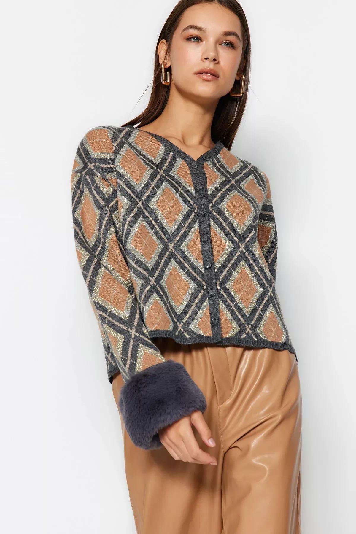 Beige Diamond Pattern Cardigan, Beige, large image number 1