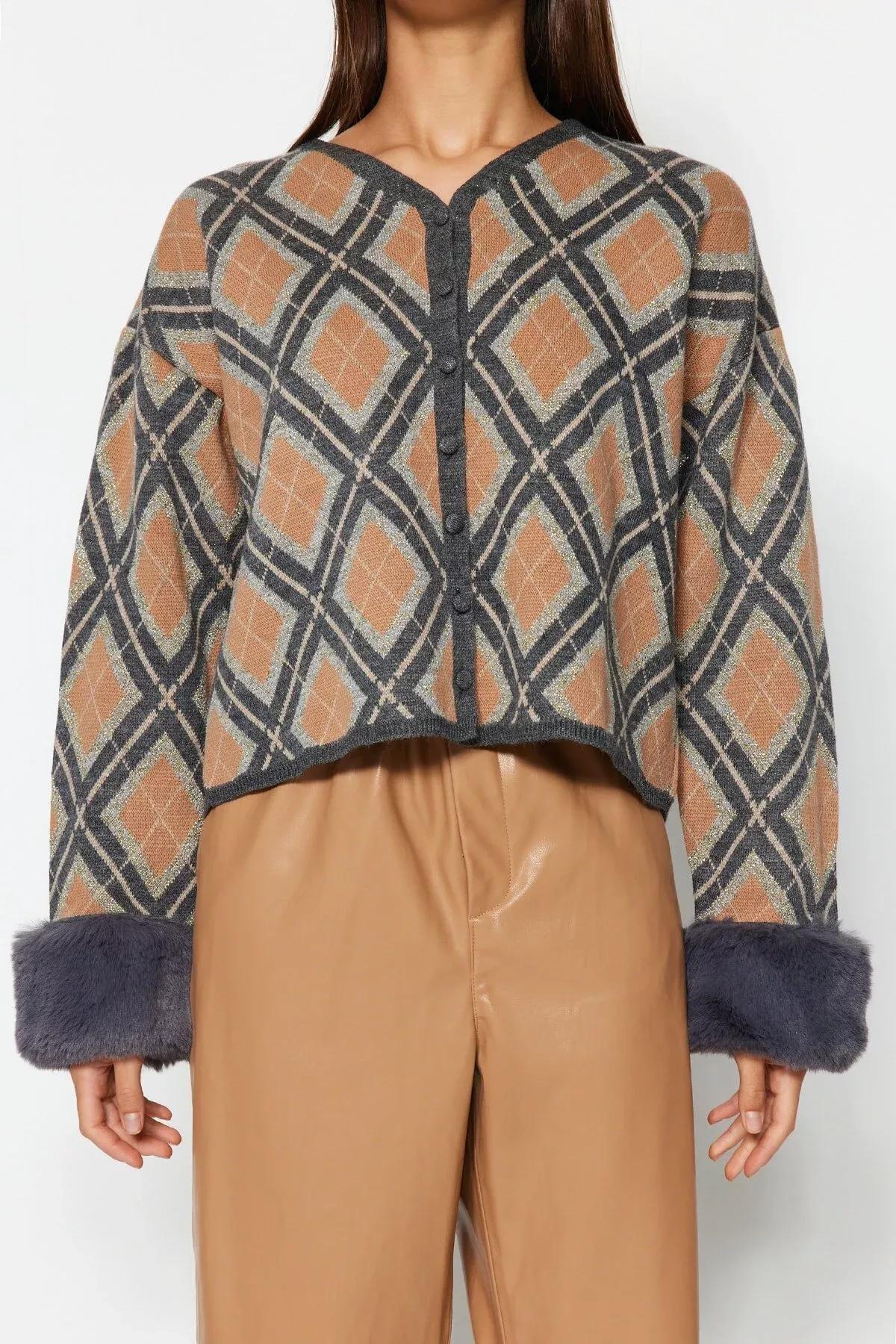 Beige Diamond Pattern Cardigan, Beige, large image number 3