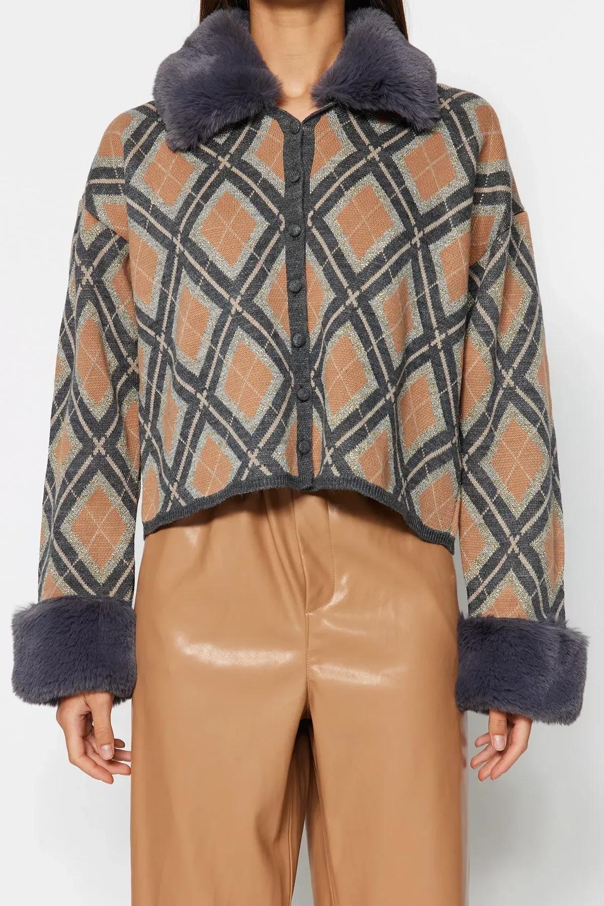 Beige Diamond Pattern Cardigan, Beige, large image number 4