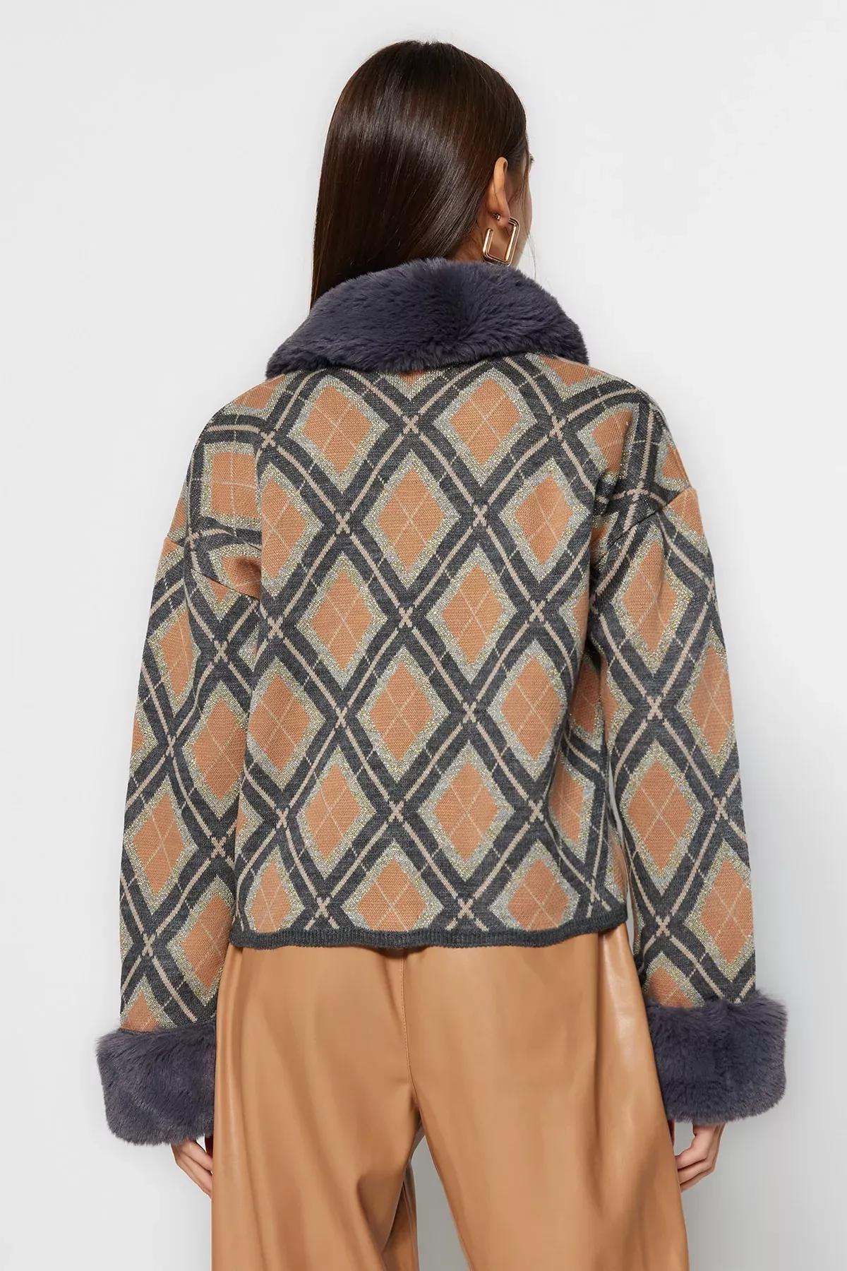 Beige Diamond Pattern Cardigan, Beige, large image number 5