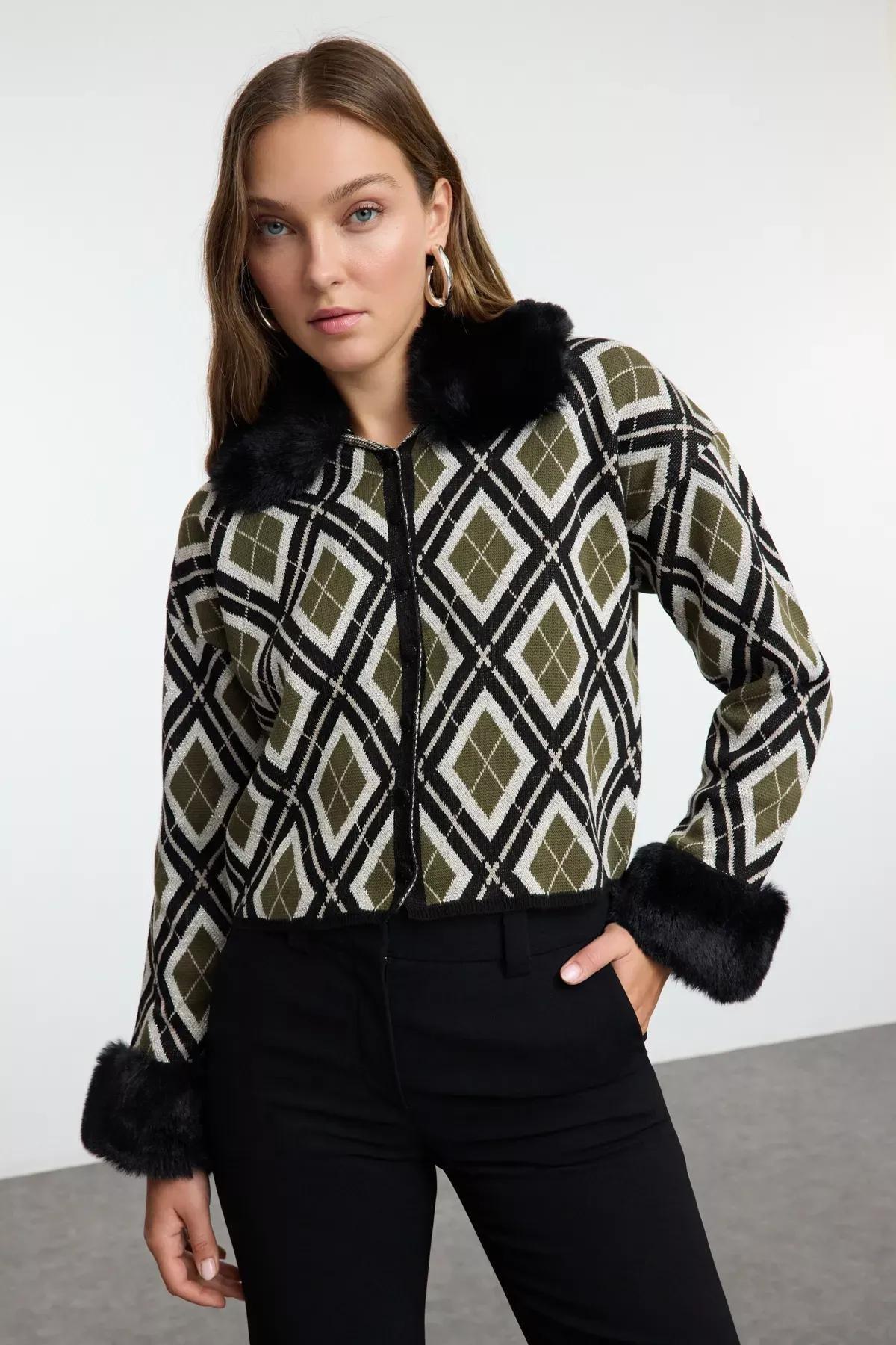 Black Faux Fur Glitter Cardigan, BLACK, medium