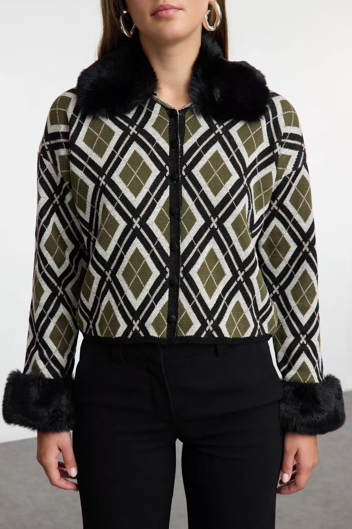 Black Faux Fur Glitter Cardigan, BLACK, medium