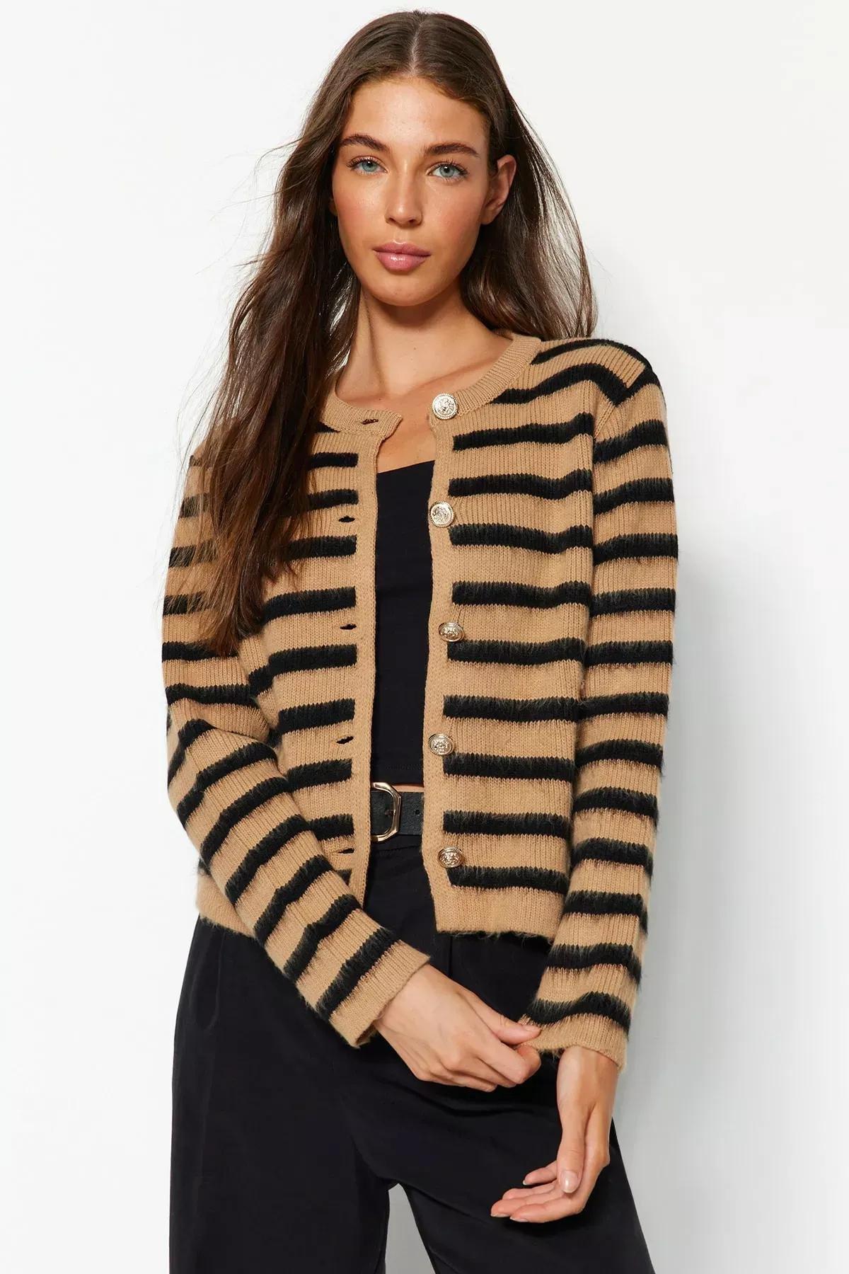 Beige Striped Knitted Cardigan, , large image number 1