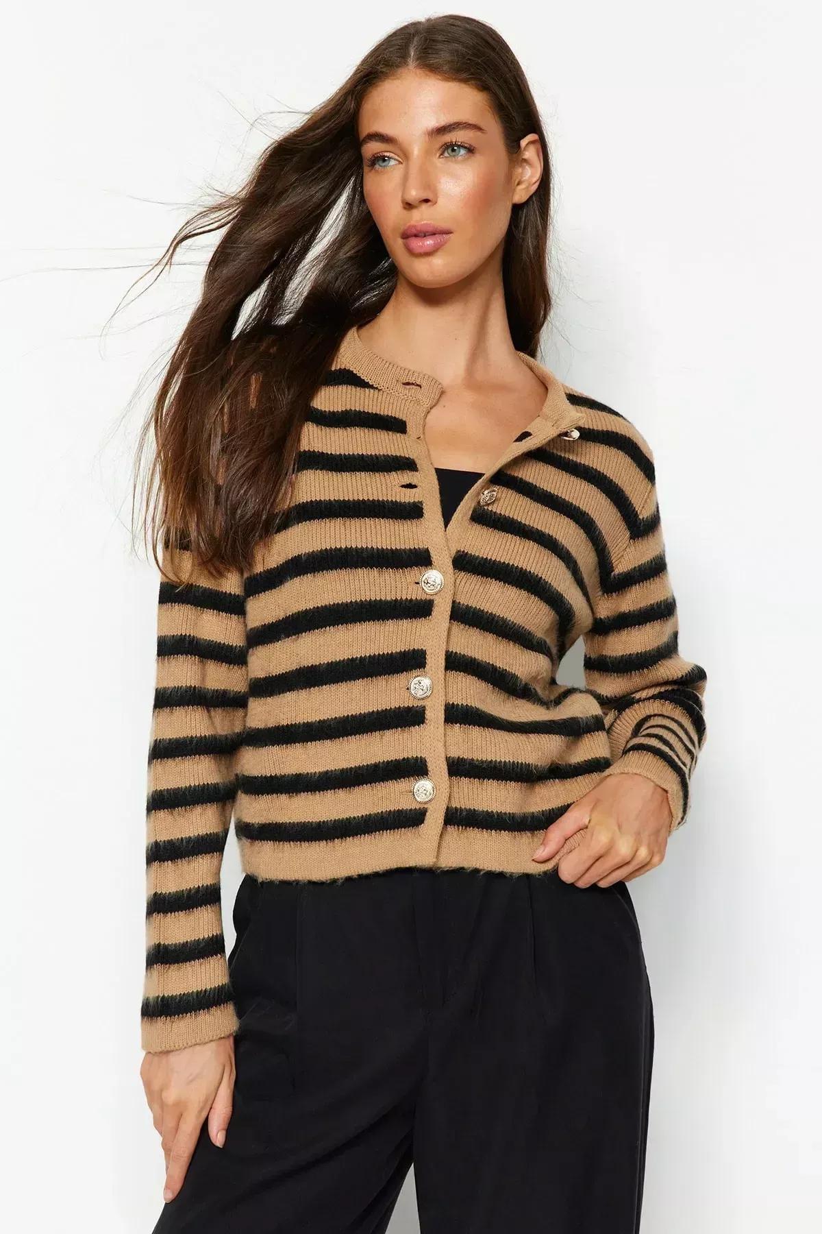 Beige Striped Knitted Cardigan, , large image number 2