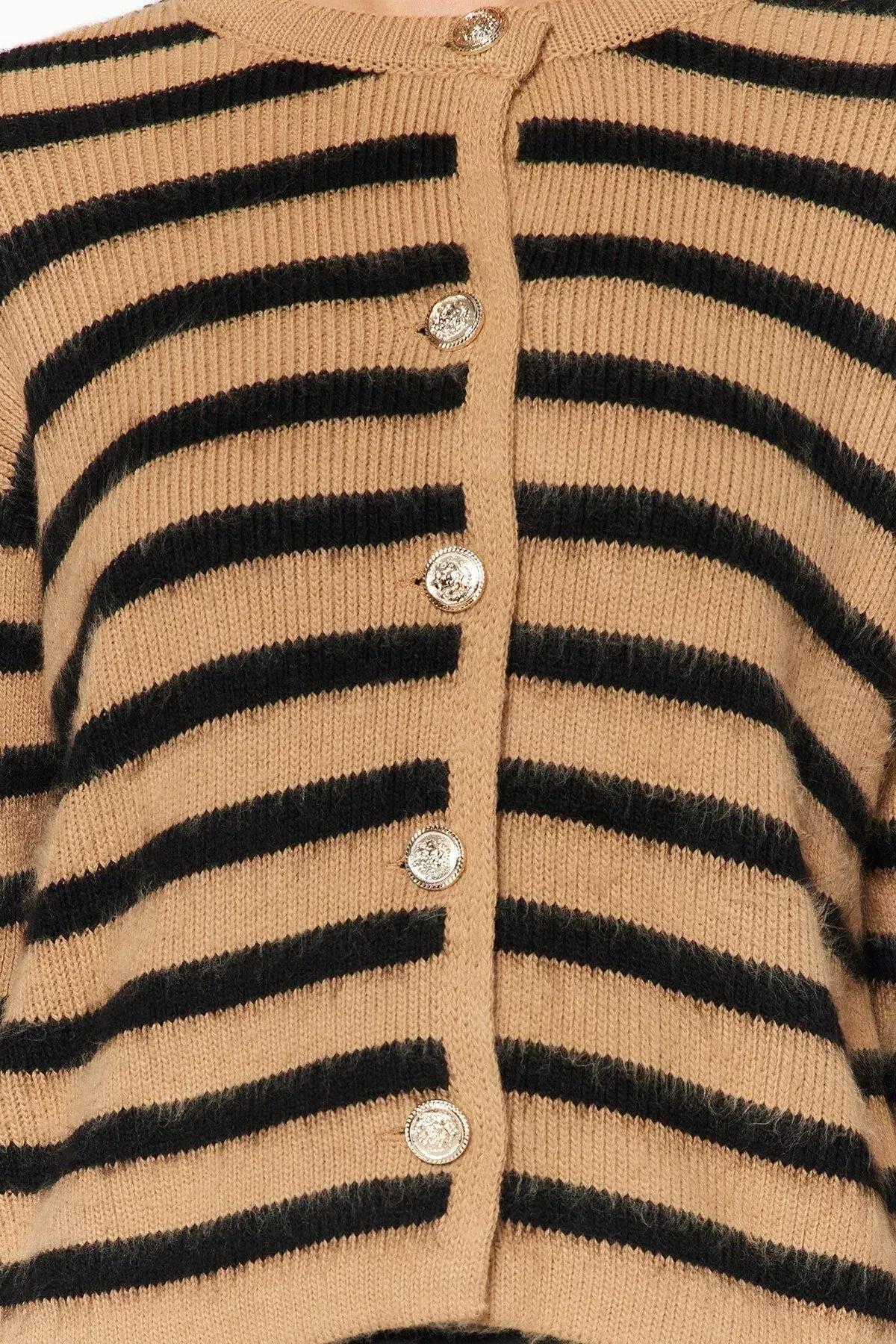 Beige Striped Knitted Cardigan, , large image number 3