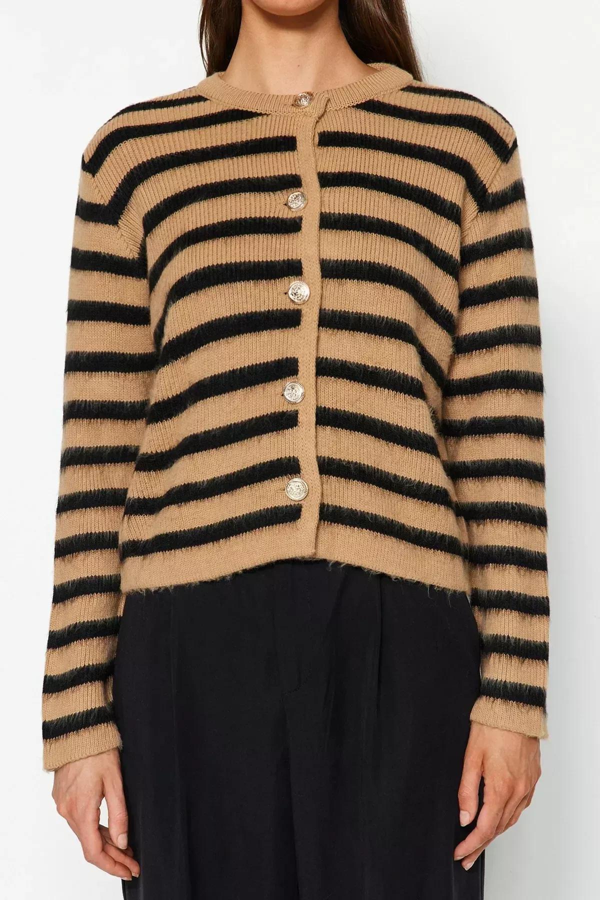 Beige Striped Knitted Cardigan, , large image number 4