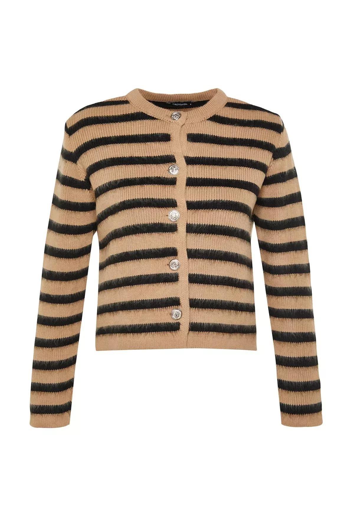 Beige Striped Knitted Cardigan, , large image number 5