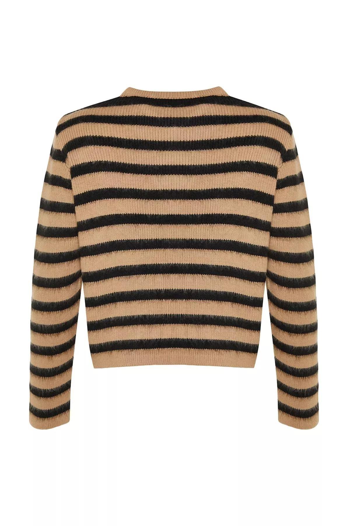 Beige Striped Knitted Cardigan, , large image number 6