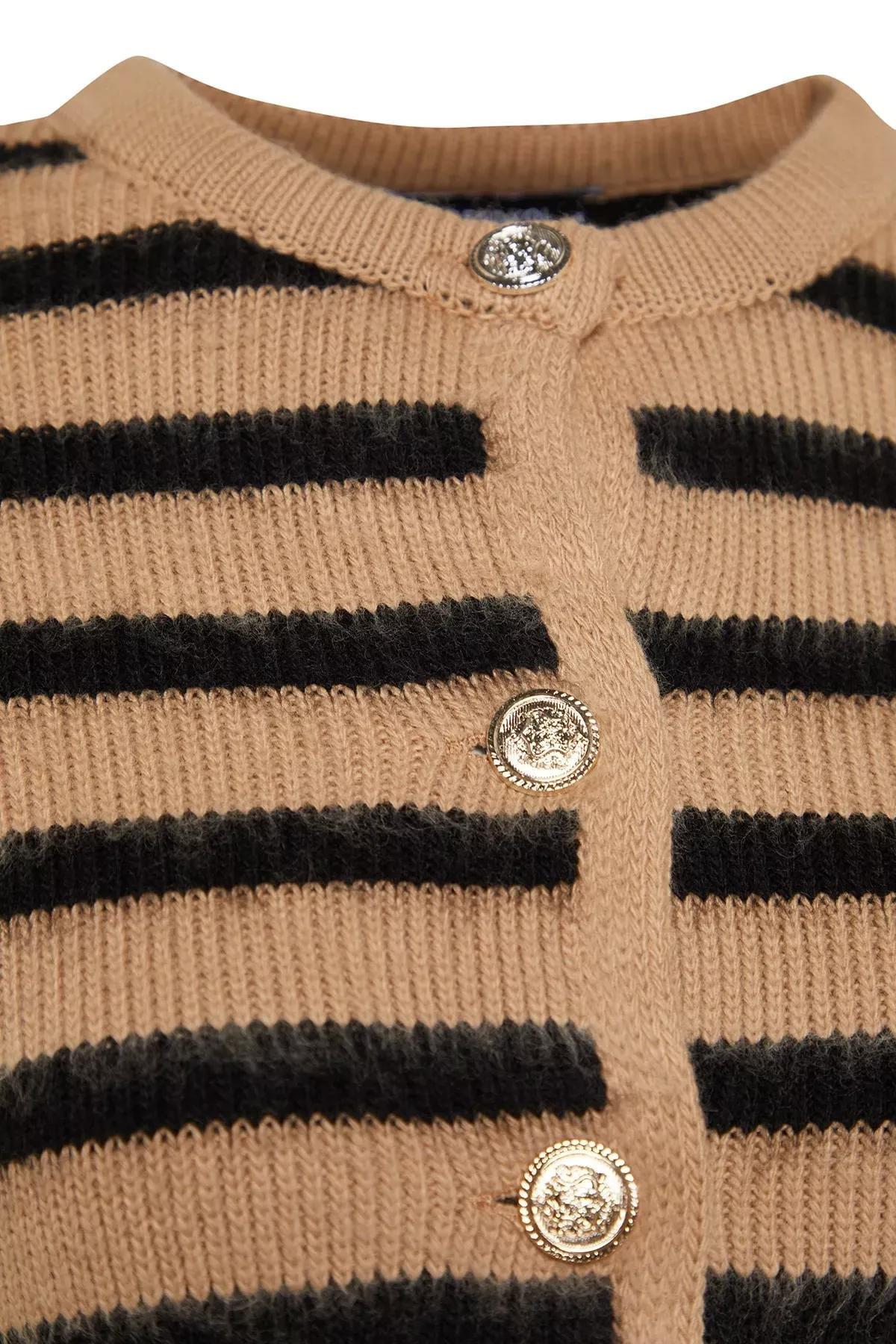 Beige Striped Knitted Cardigan, , large image number 7