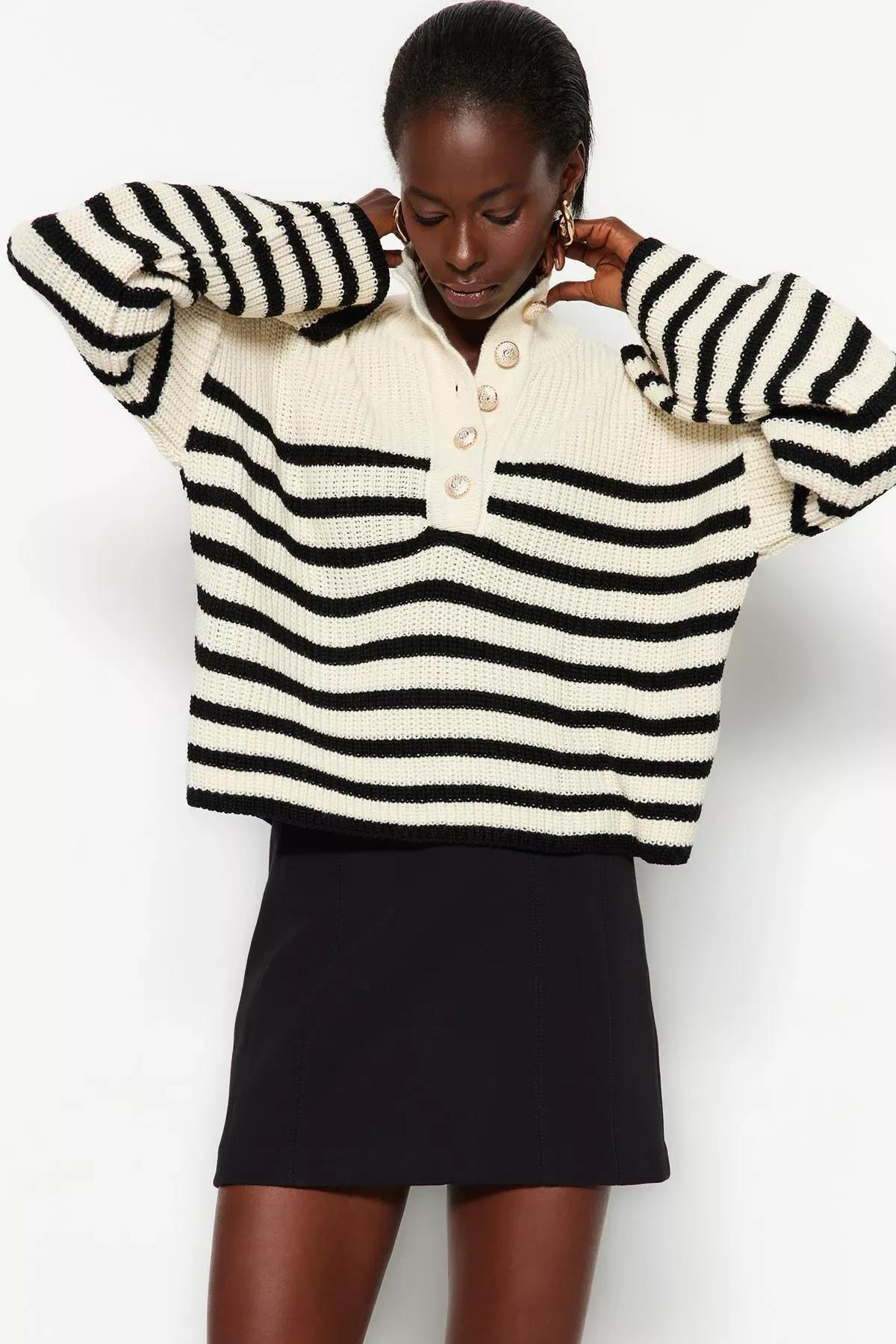 Ecru Wide Striped Knitwear Sweater, Ecru, large image number 0