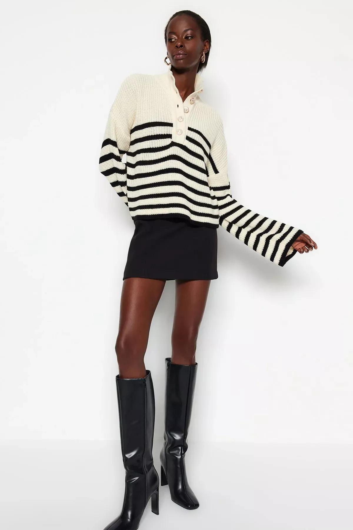 Ecru Wide Striped Knitwear Sweater, Ecru, large image number 1