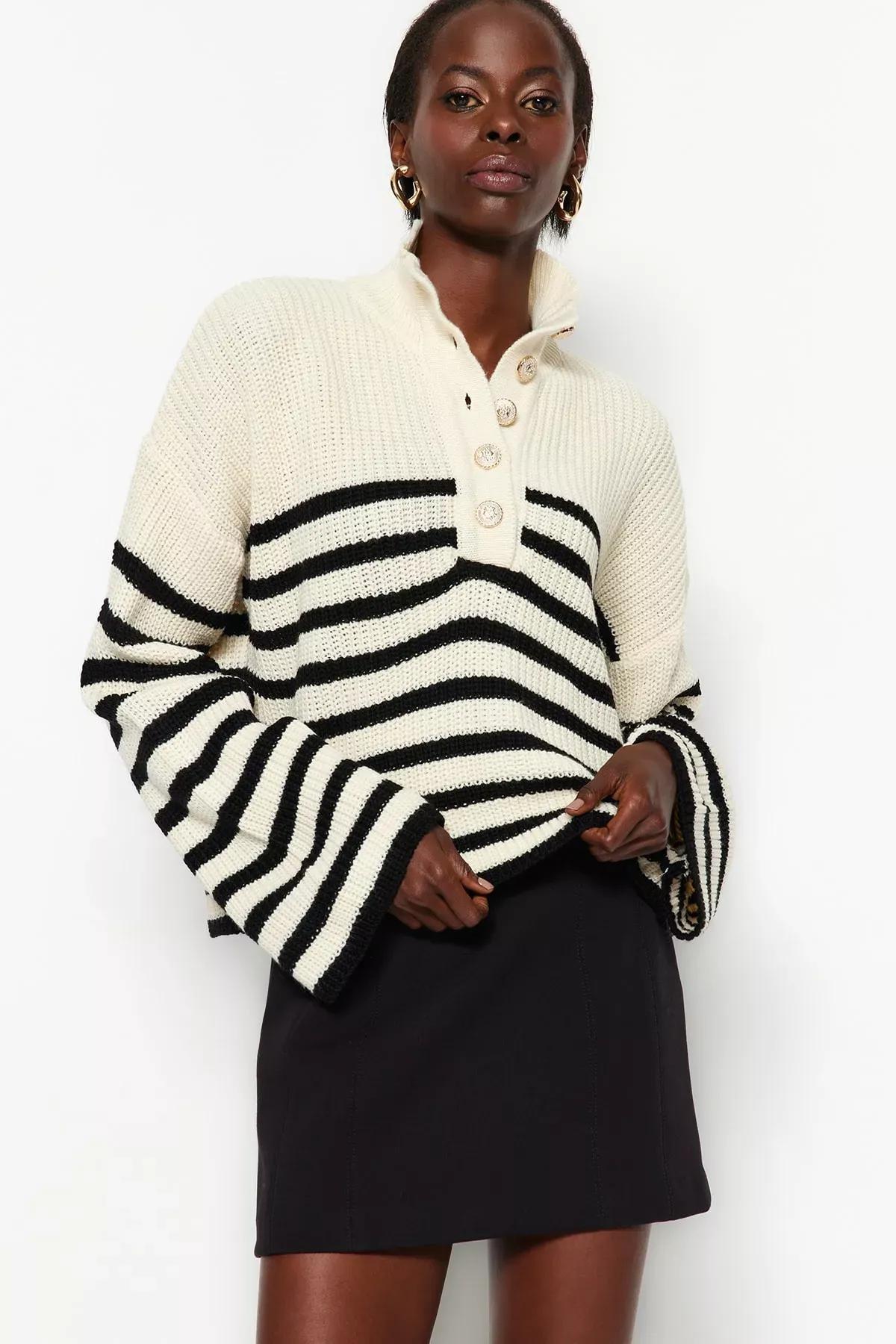Ecru Wide Striped Knitwear Sweater, Ecru, large image number 2
