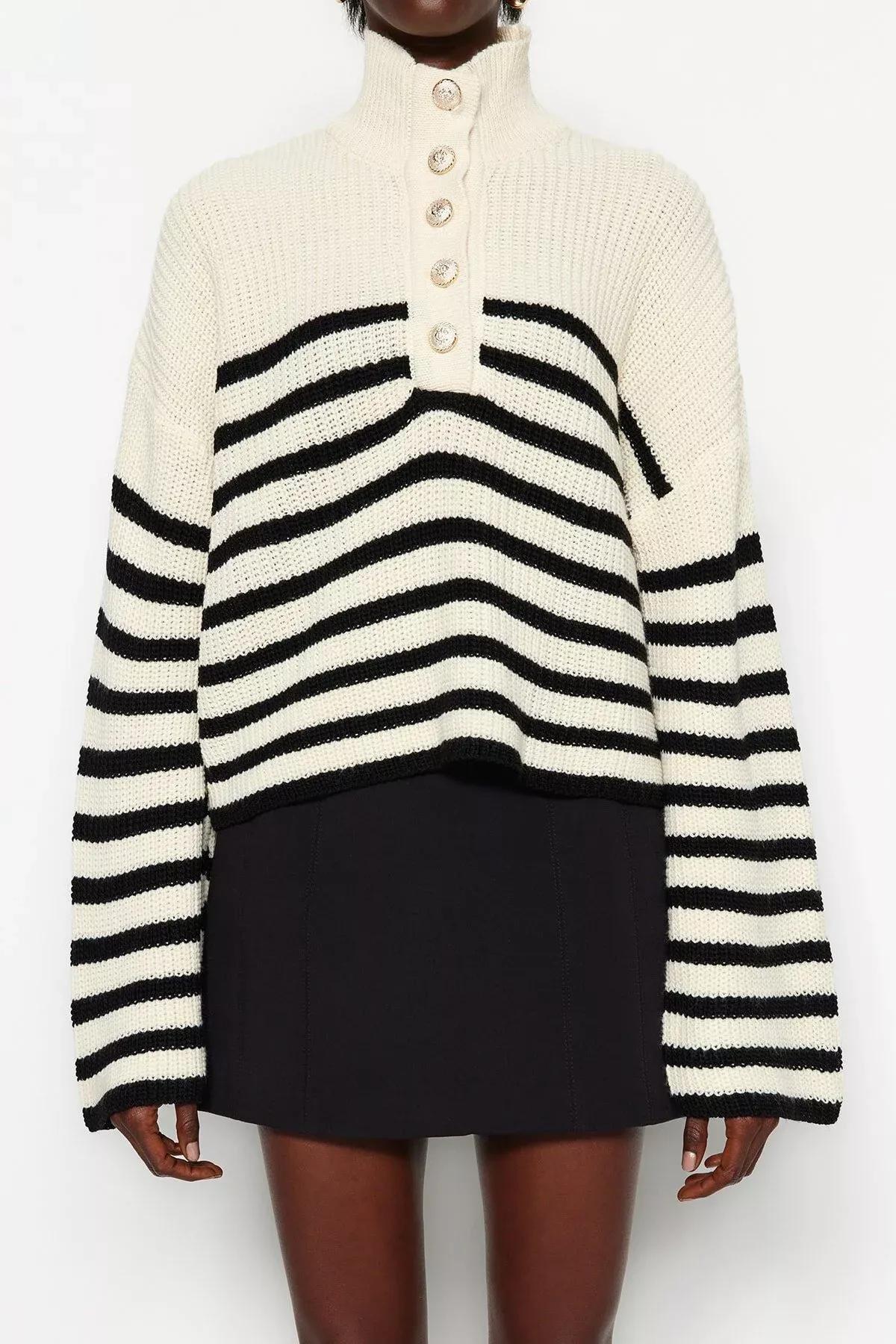 Ecru Wide Striped Knitwear Sweater, Ecru, large image number 3