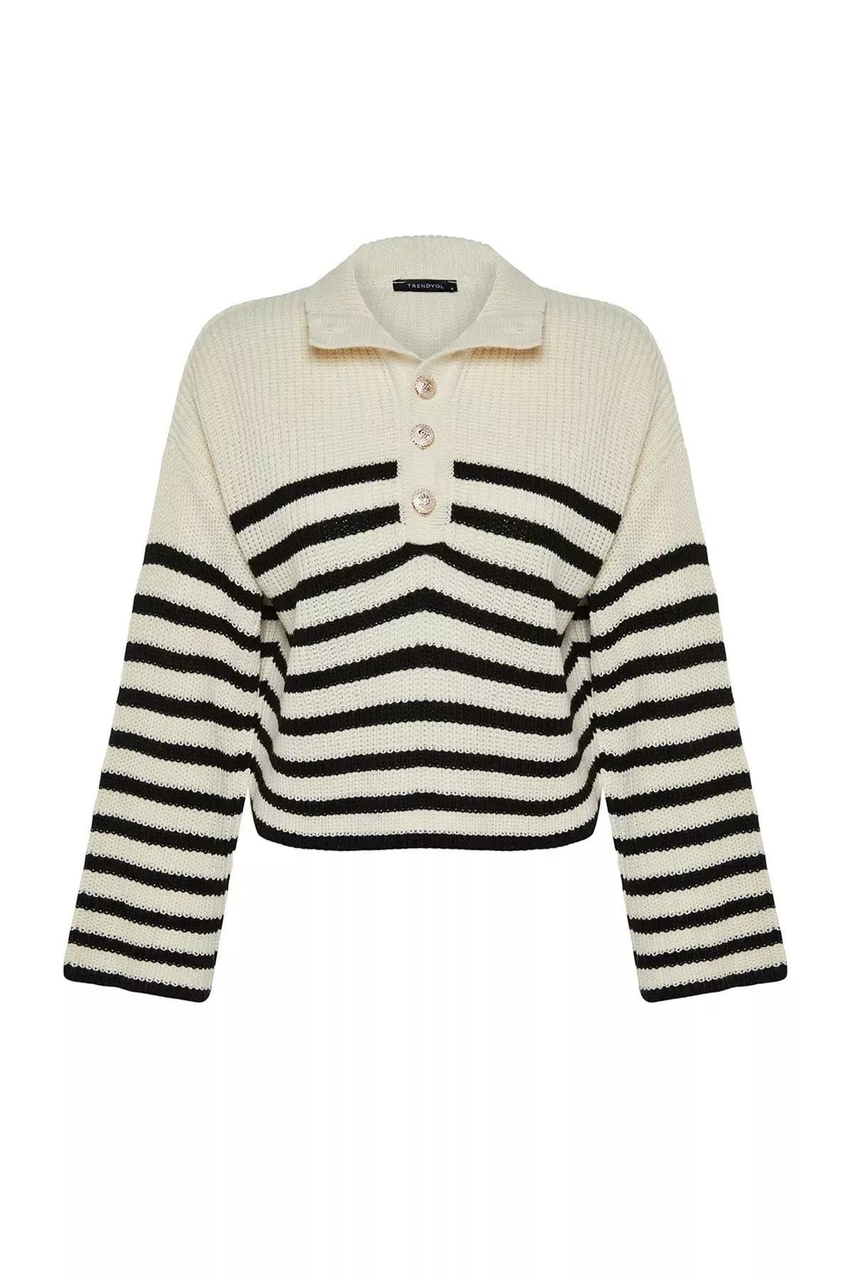 Ecru Wide Striped Knitwear Sweater, Ecru, large image number 5