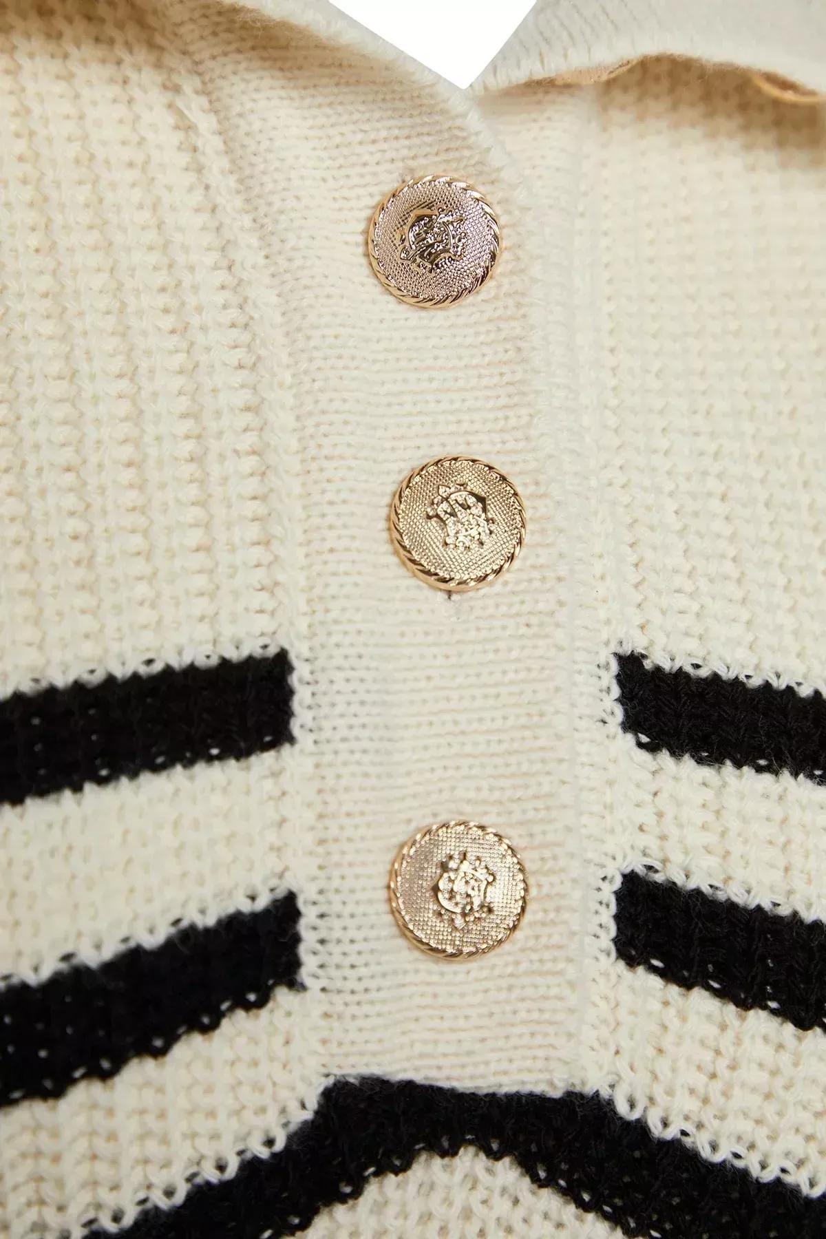 Ecru Wide Striped Knitwear Sweater, Ecru, large image number 6