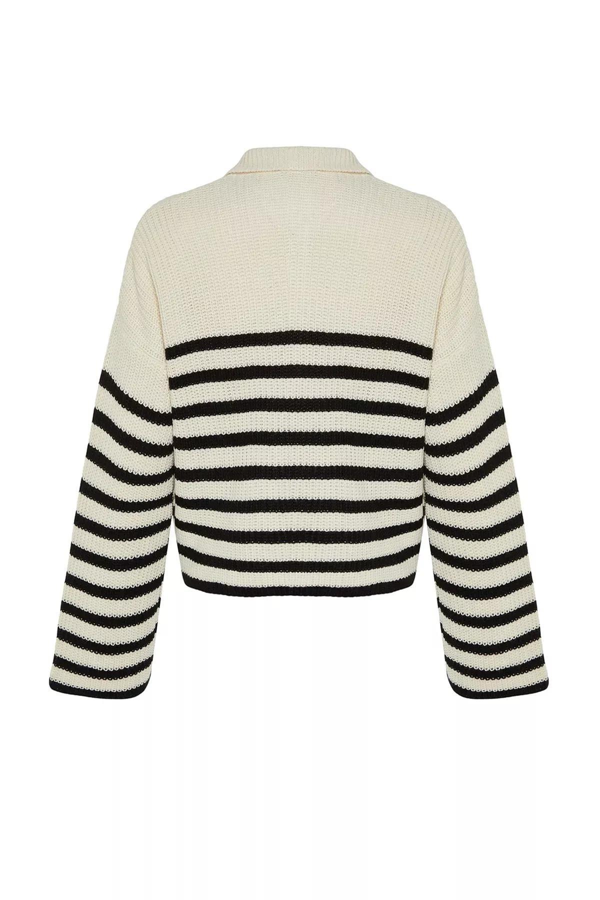 Ecru Wide Striped Knitwear Sweater, Ecru, large image number 7
