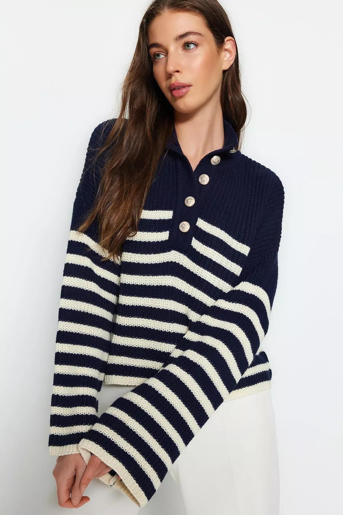 سترة مُحاكة مخططة، كحلي, Navy blue, large image number 1