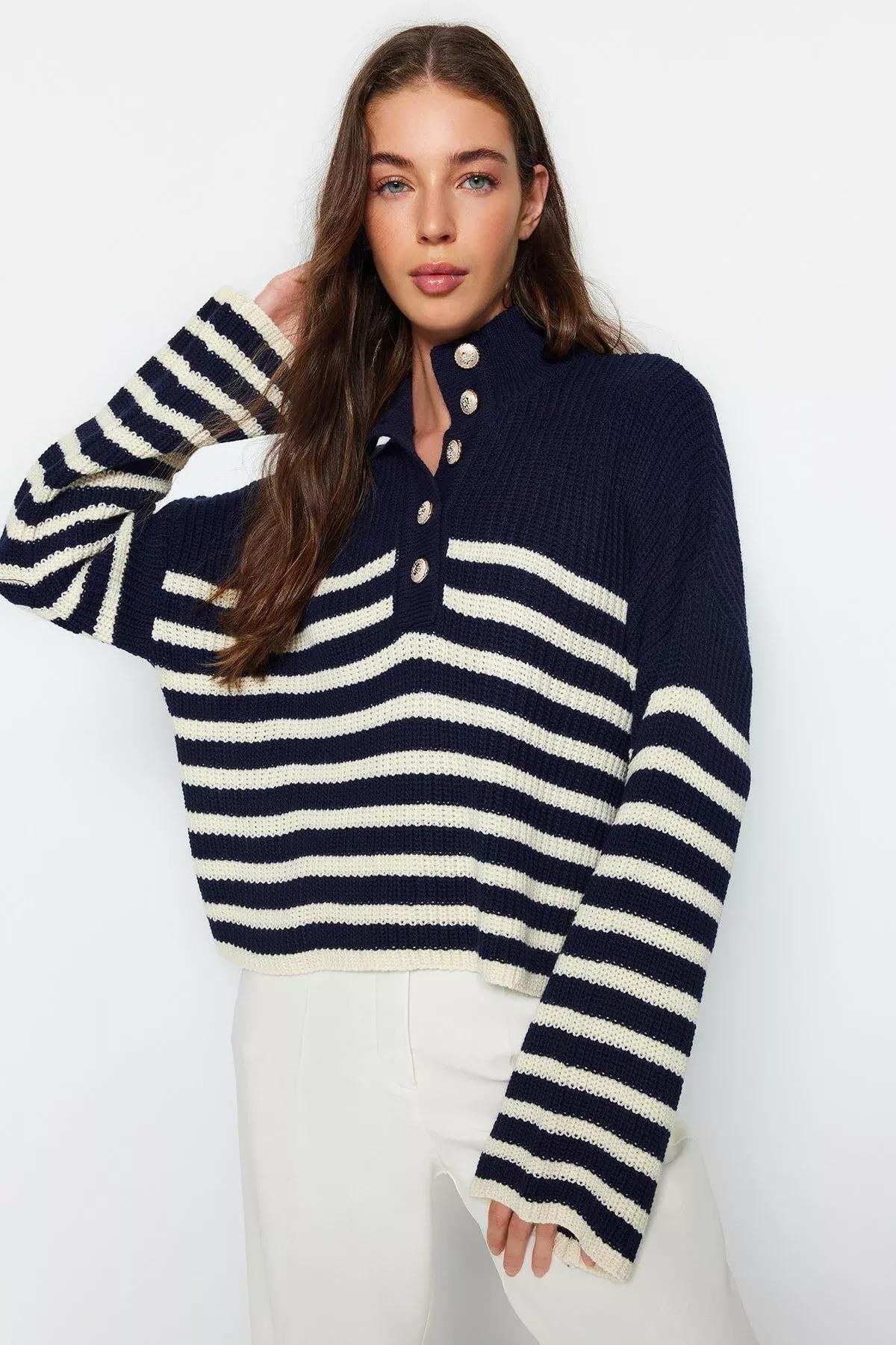 سترة مُحاكة مخططة، كحلي, Navy blue, large image number 2