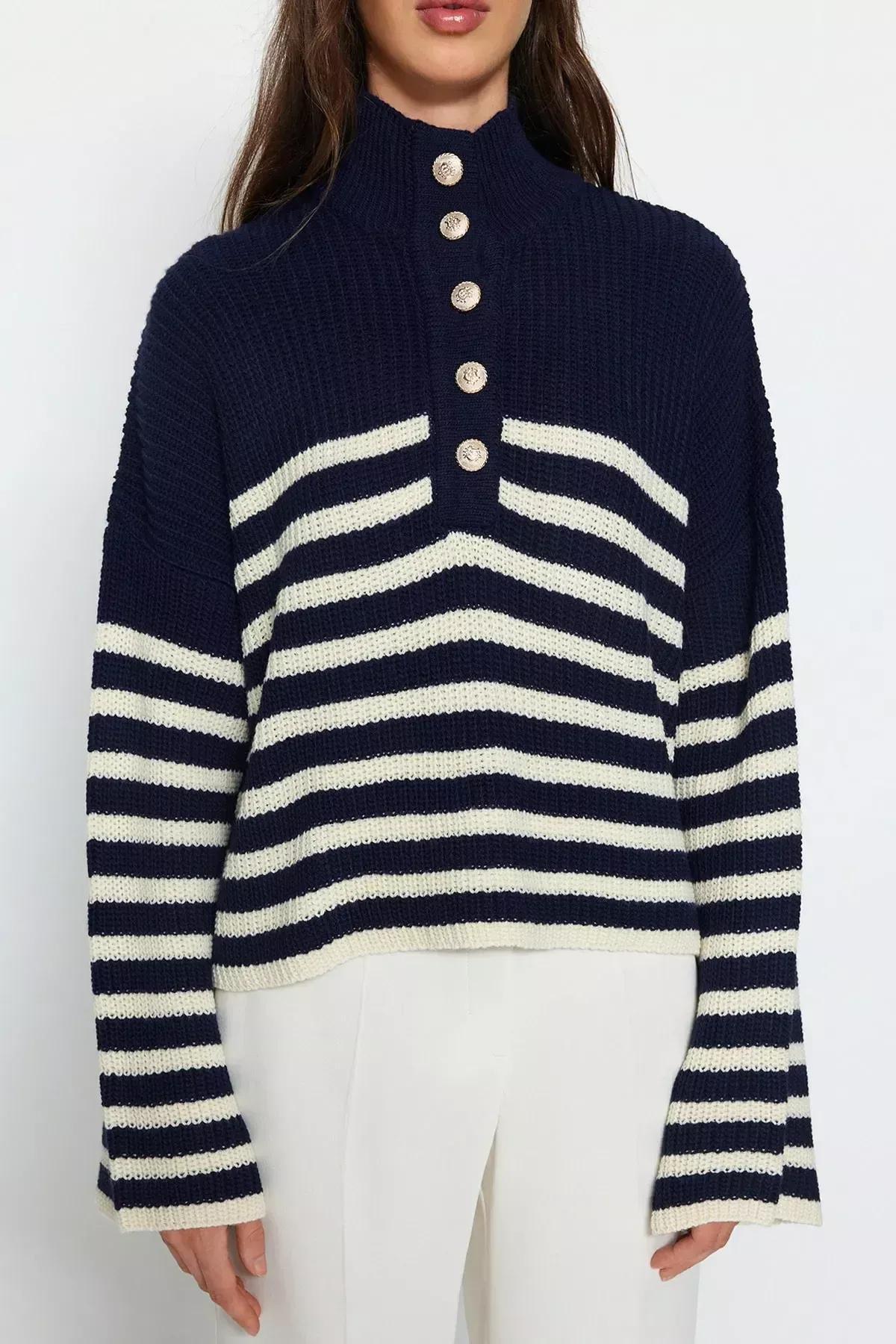 سترة مُحاكة مخططة، كحلي, Navy blue, large image number 4