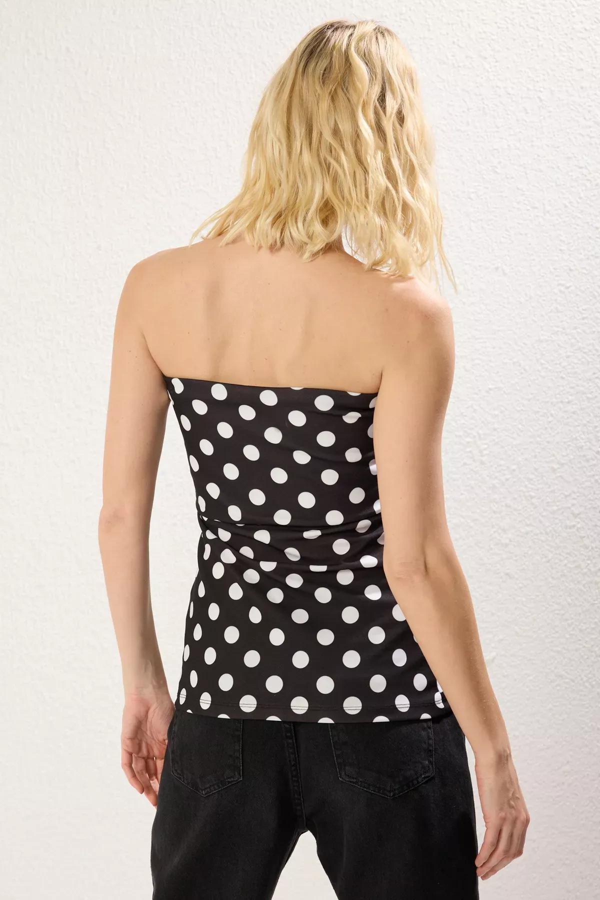 Black Polka Dot Strapless Collar Blouse, , large image number 4