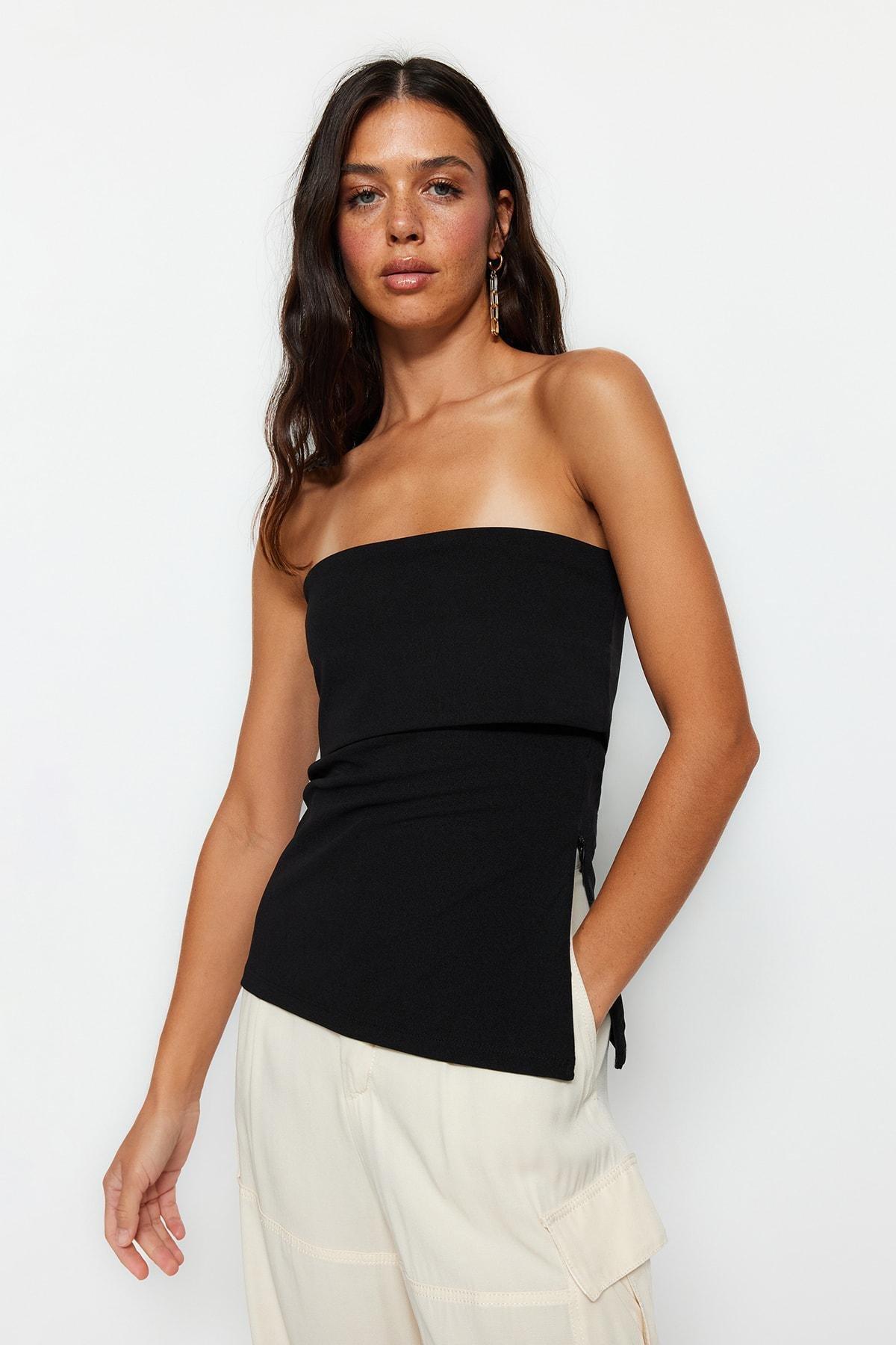 Black Strapless Slim Blouse, , large image number 0