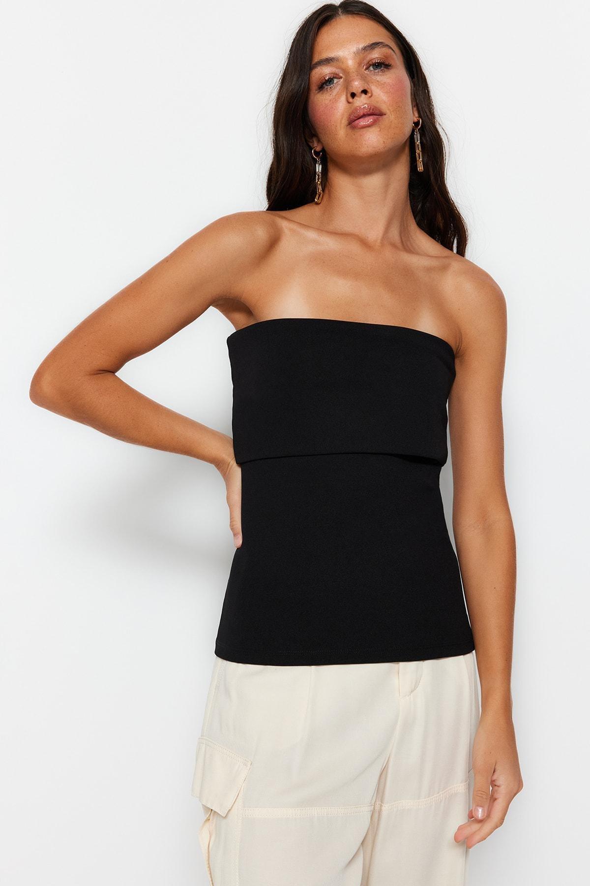 Black Strapless Slim Blouse, , large image number 1