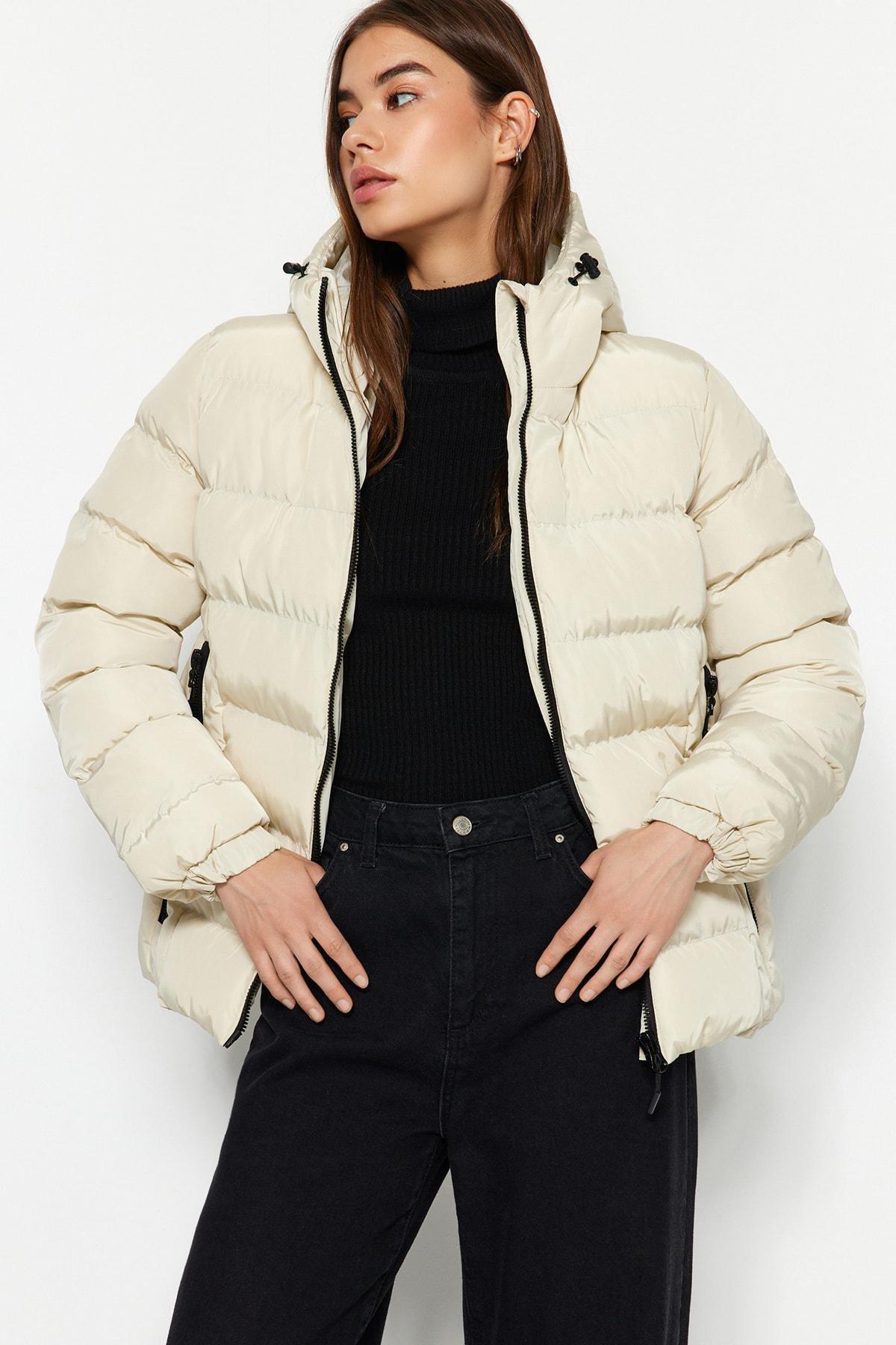 Cream Hooded Puffer Jacket, , large image number 0