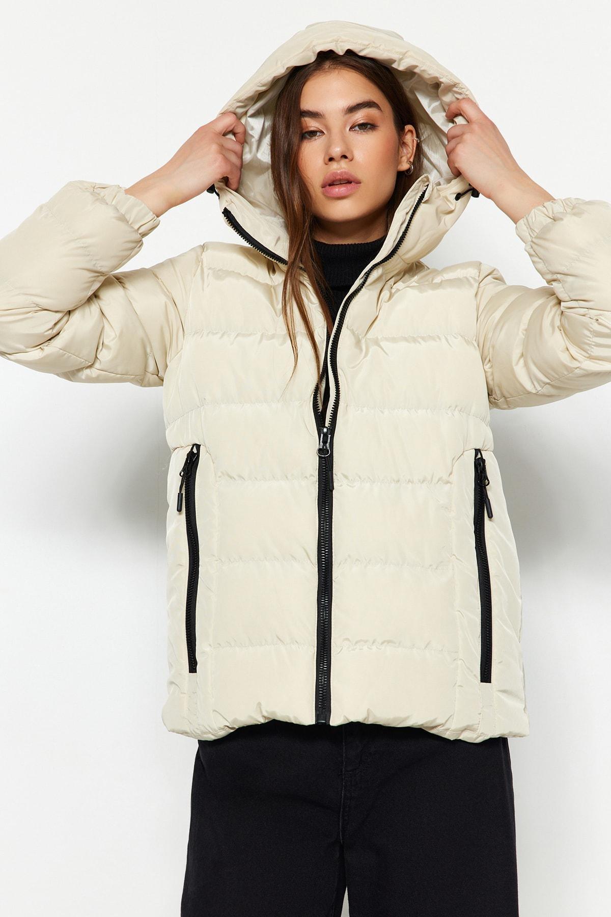 Cream Hooded Puffer Jacket, , large image number 1