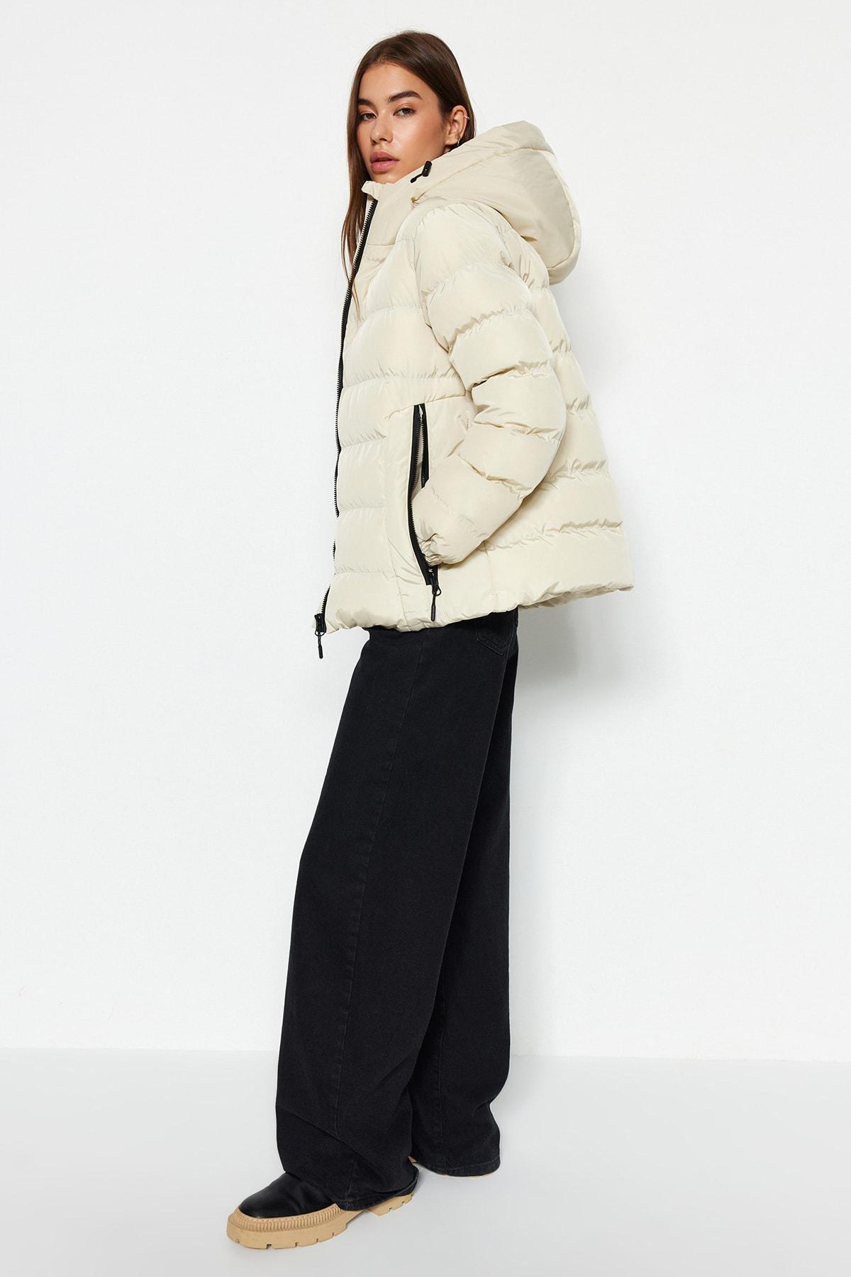 Cream Hooded Puffer Jacket, , large image number 2