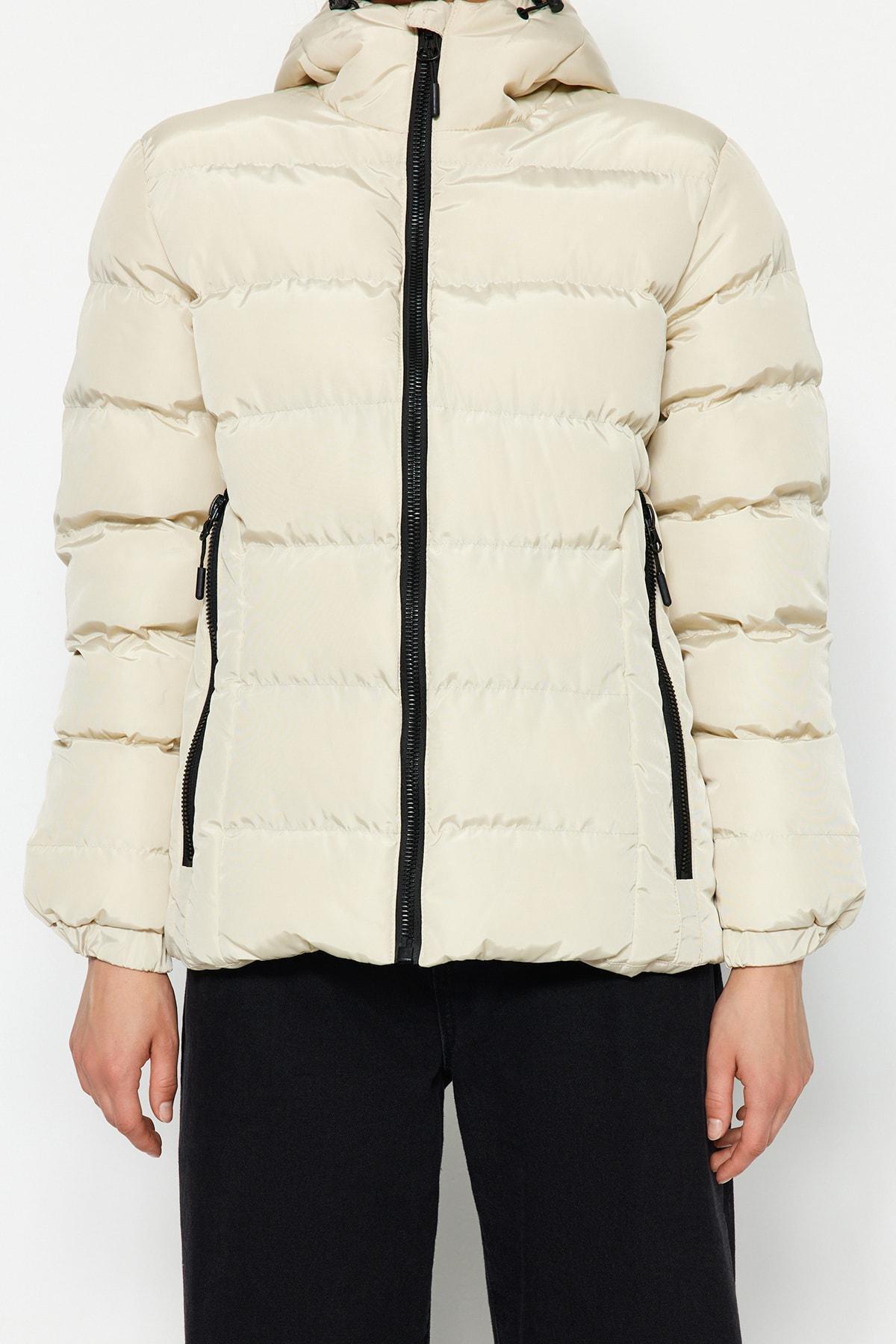 Cream Hooded Puffer Jacket, , large image number 3