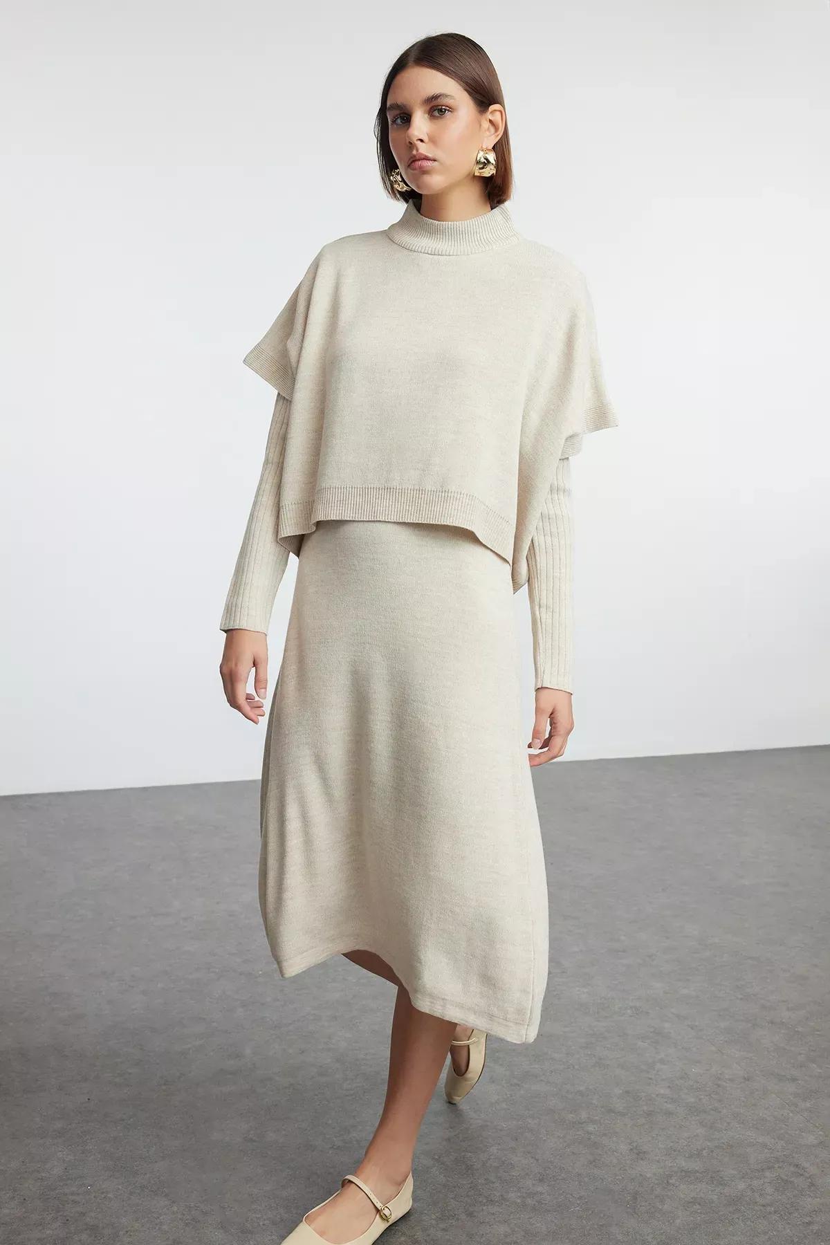 Beige Wide Cut Midi Knitted Sweater Dress, Beige, large image number 0