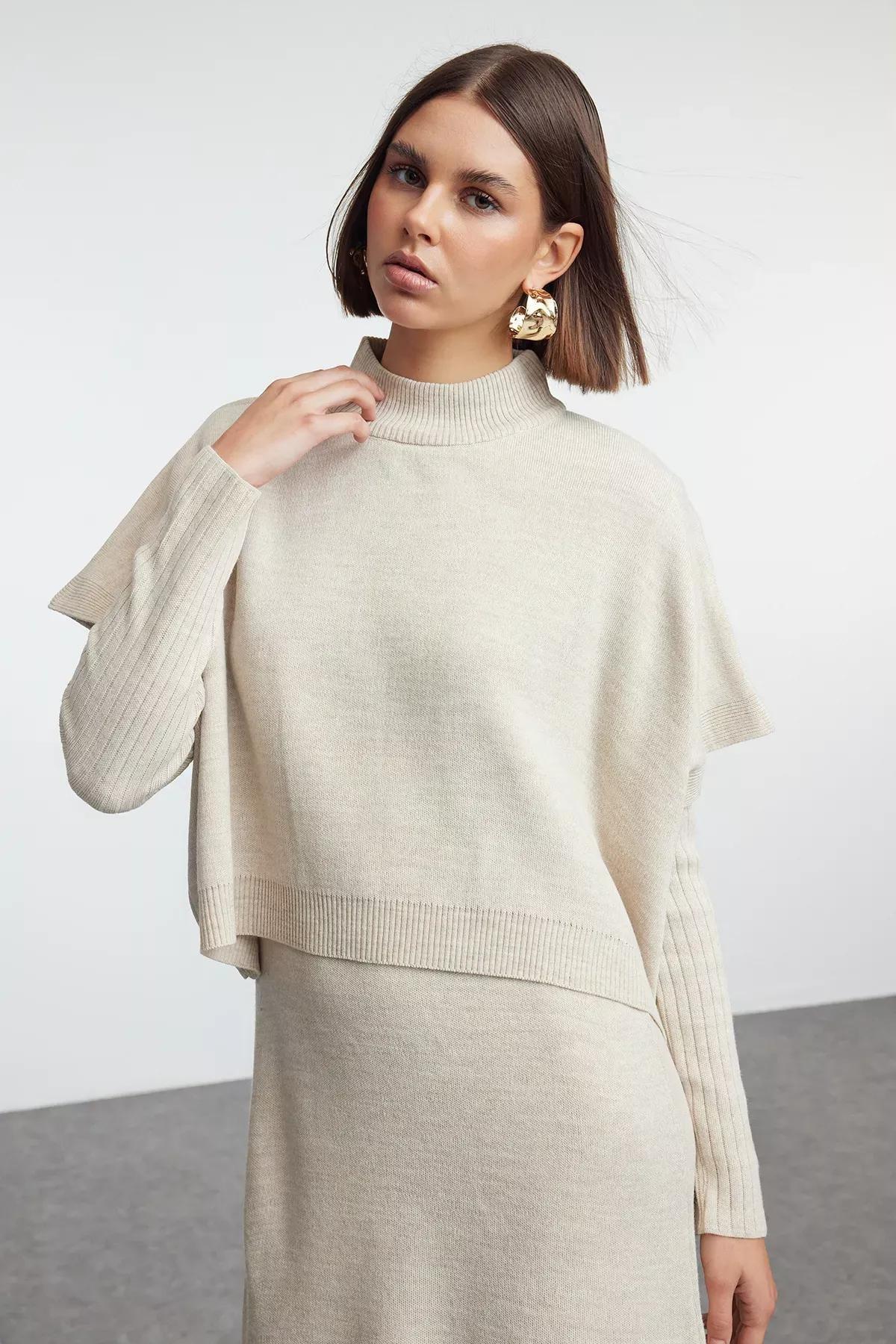 Beige Wide Cut Midi Knitted Sweater Dress, Beige, large image number 1