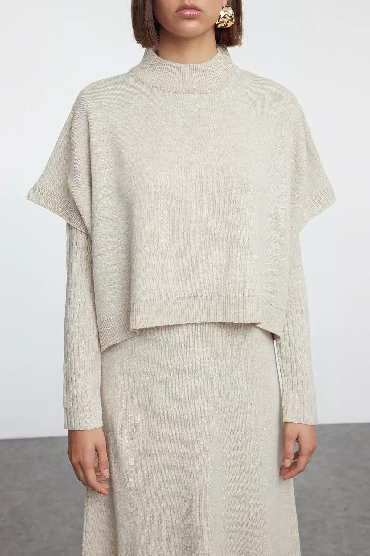 Beige Wide Cut Midi Knitted Sweater Dress, Beige, large image number 2