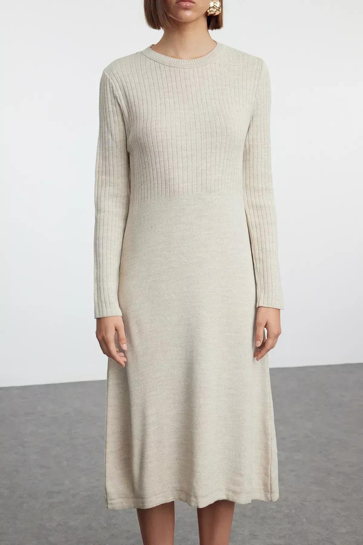 Beige Wide Cut Midi Knitted Sweater Dress, Beige, large image number 3