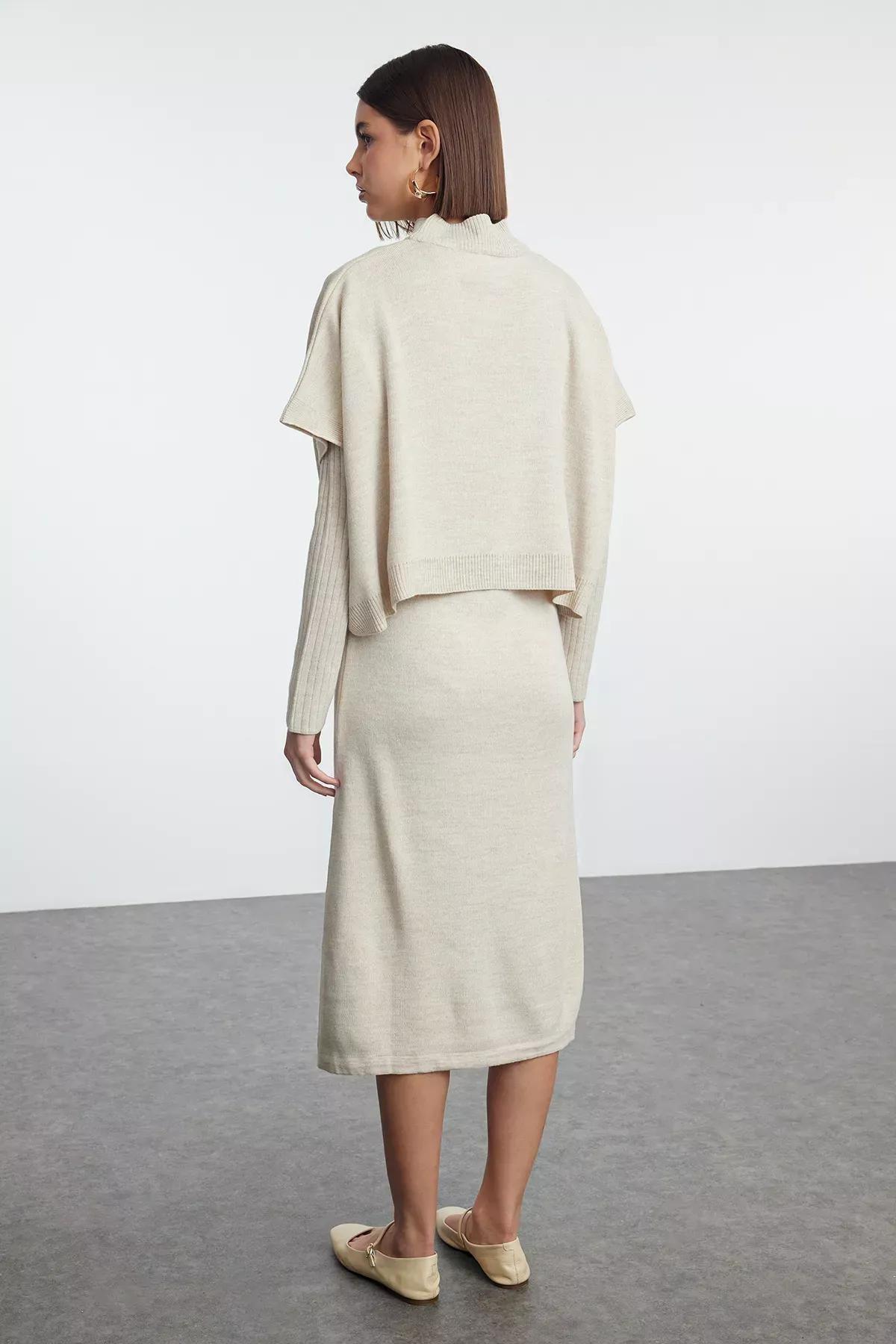 Beige Wide Cut Midi Knitted Sweater Dress, Beige, large image number 4