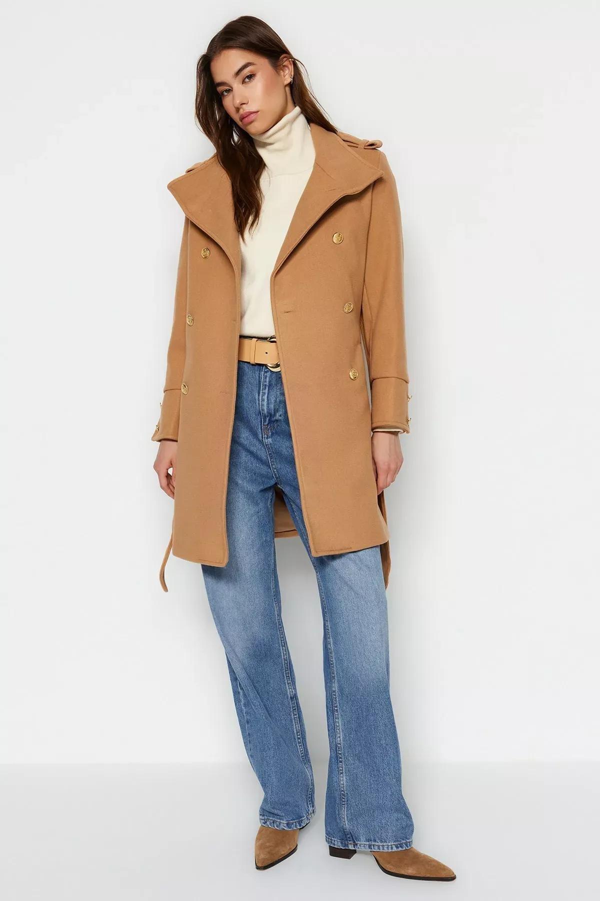 Brown Double Breasted Coat, CAMEL, medium