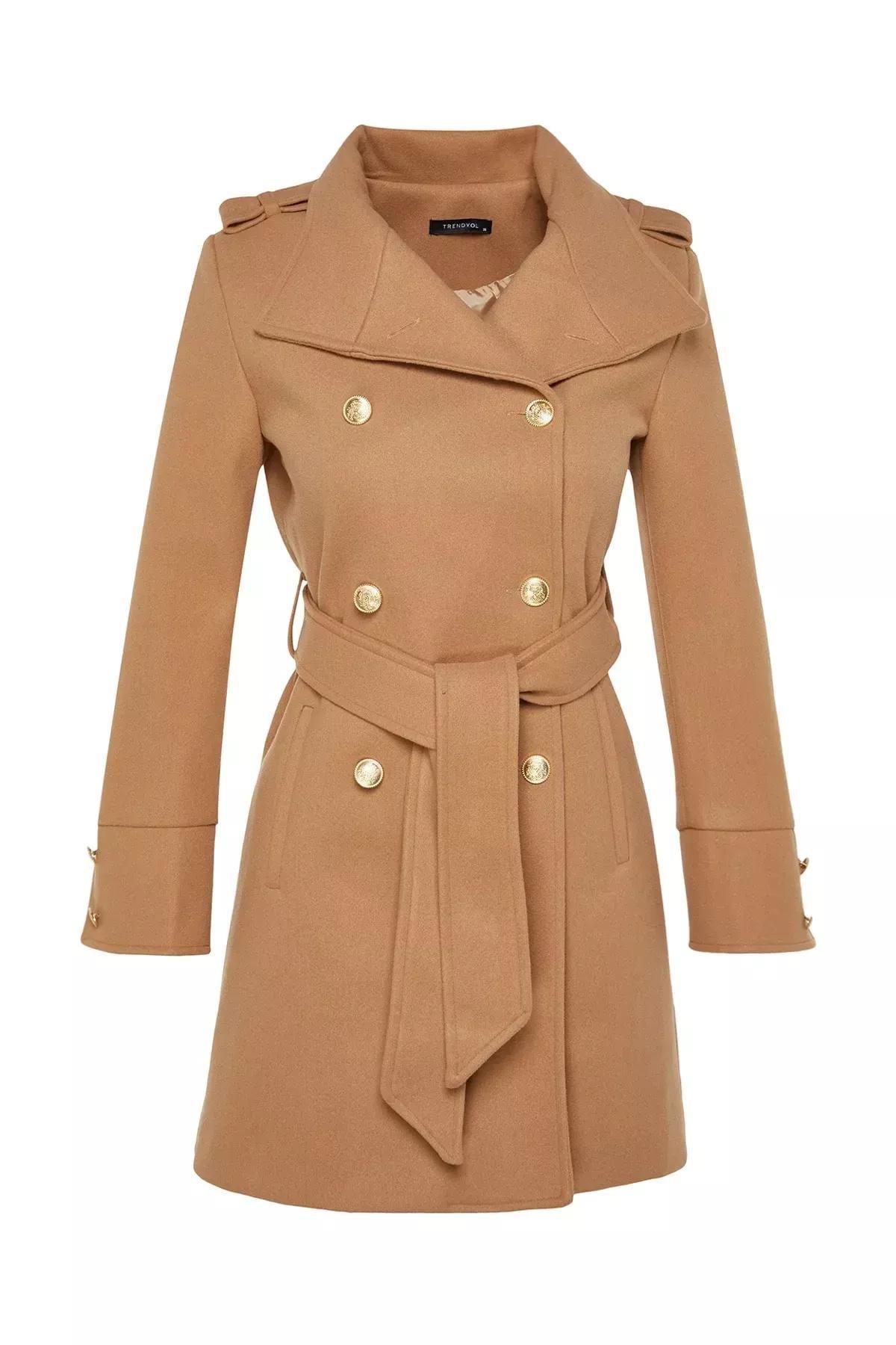 Brown Double Breasted Coat, CAMEL, large image number 5