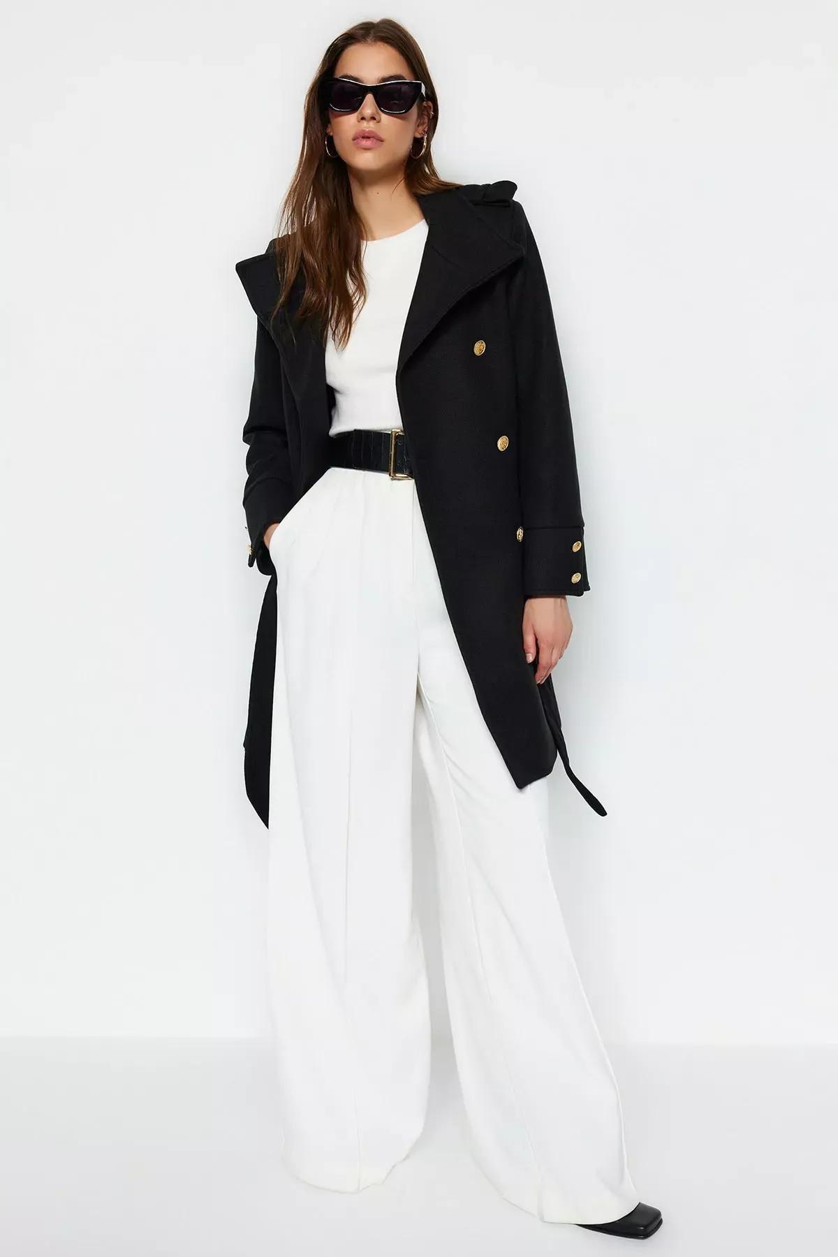 Black Double Breasted Coat, BLACK, large image number 6