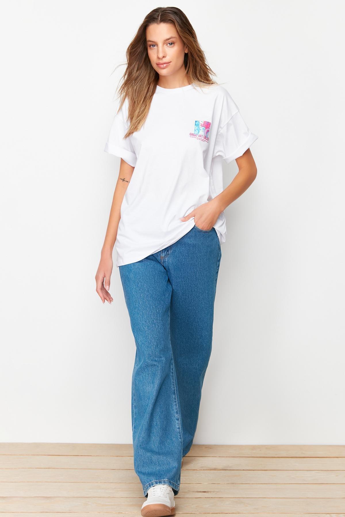 White Boyfriend Crew Neck T-Shirt, , large image number 0