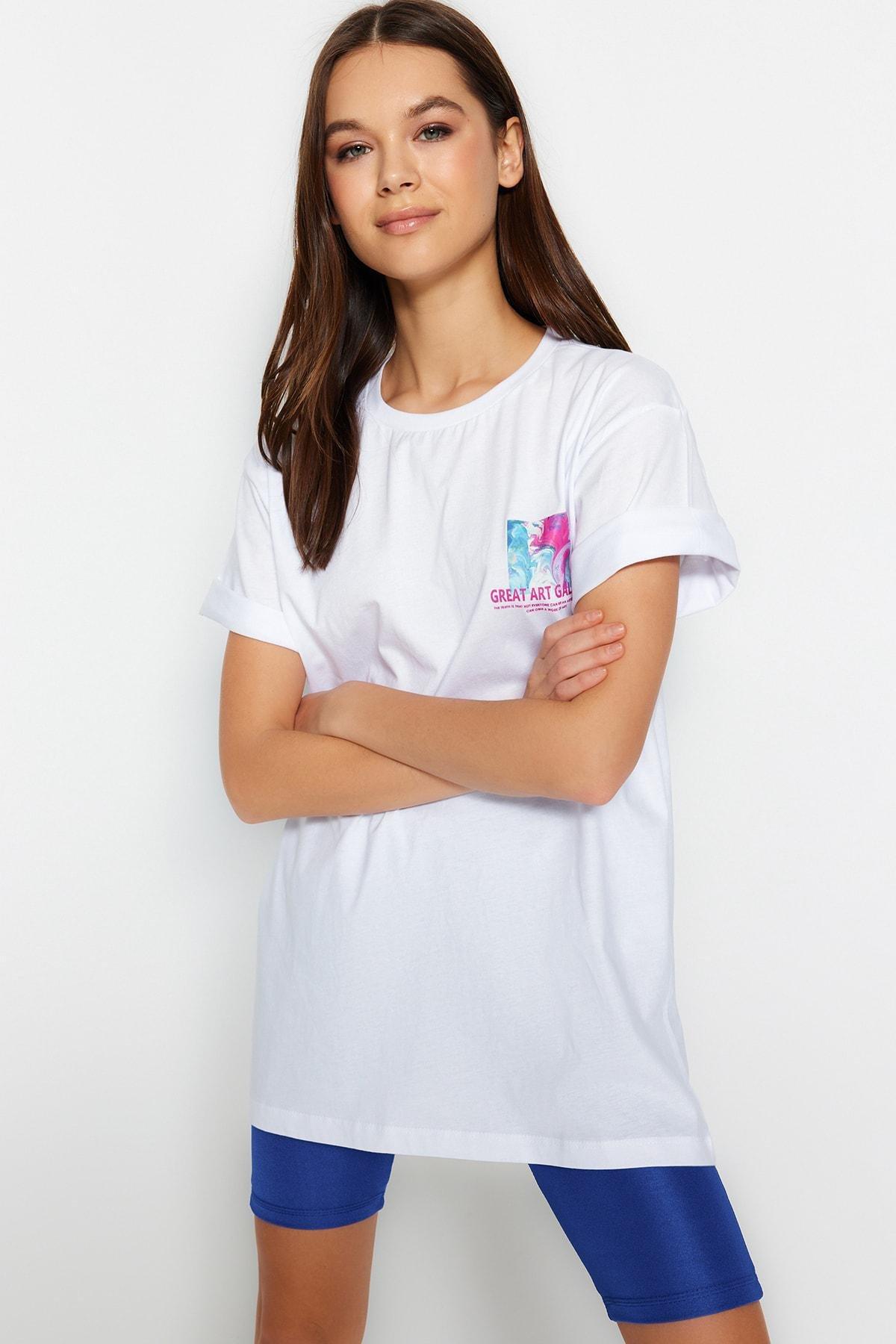 White Boyfriend Crew Neck T-Shirt, , large image number 1