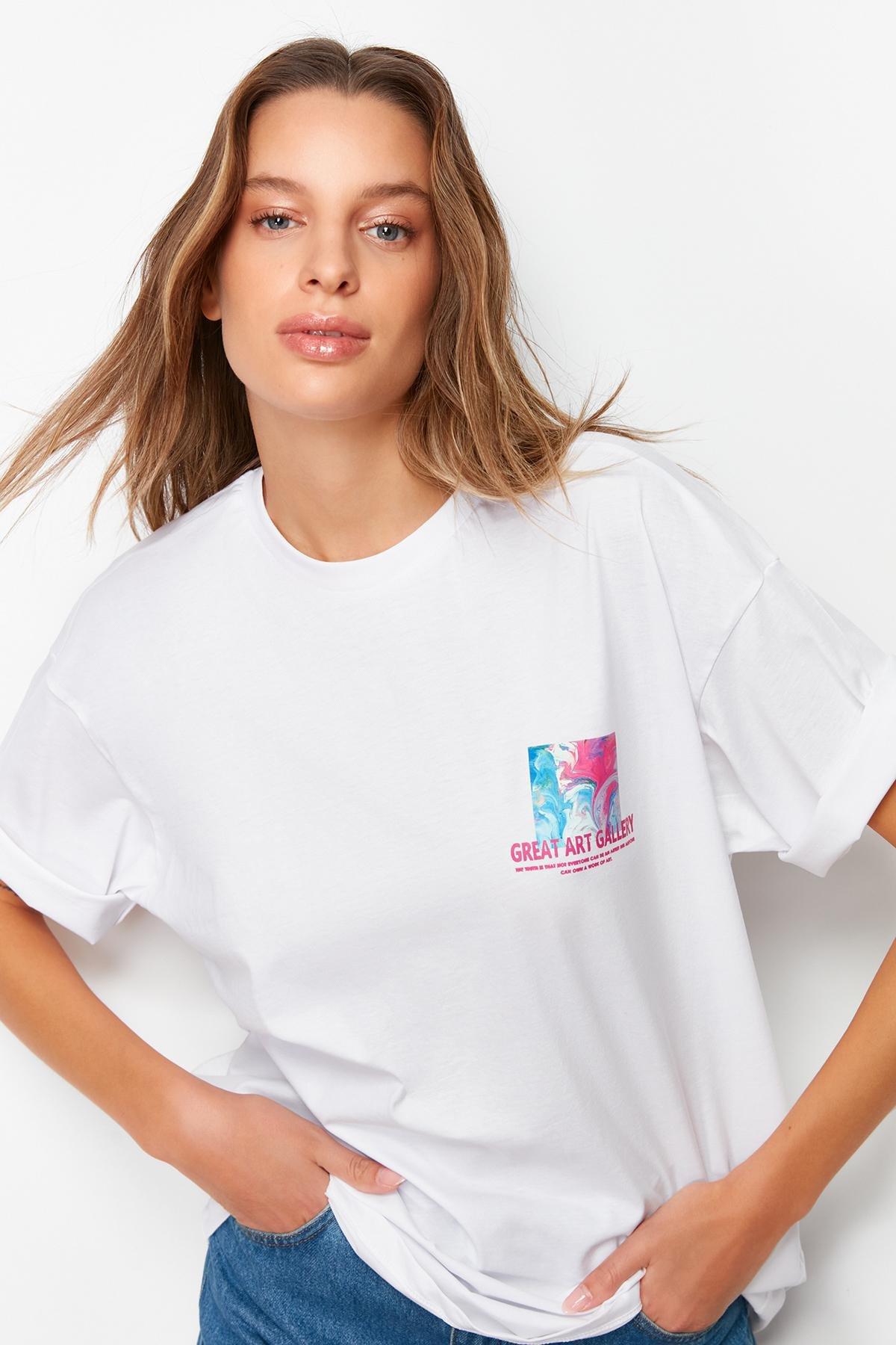 White Boyfriend Crew Neck T-Shirt, , large image number 2