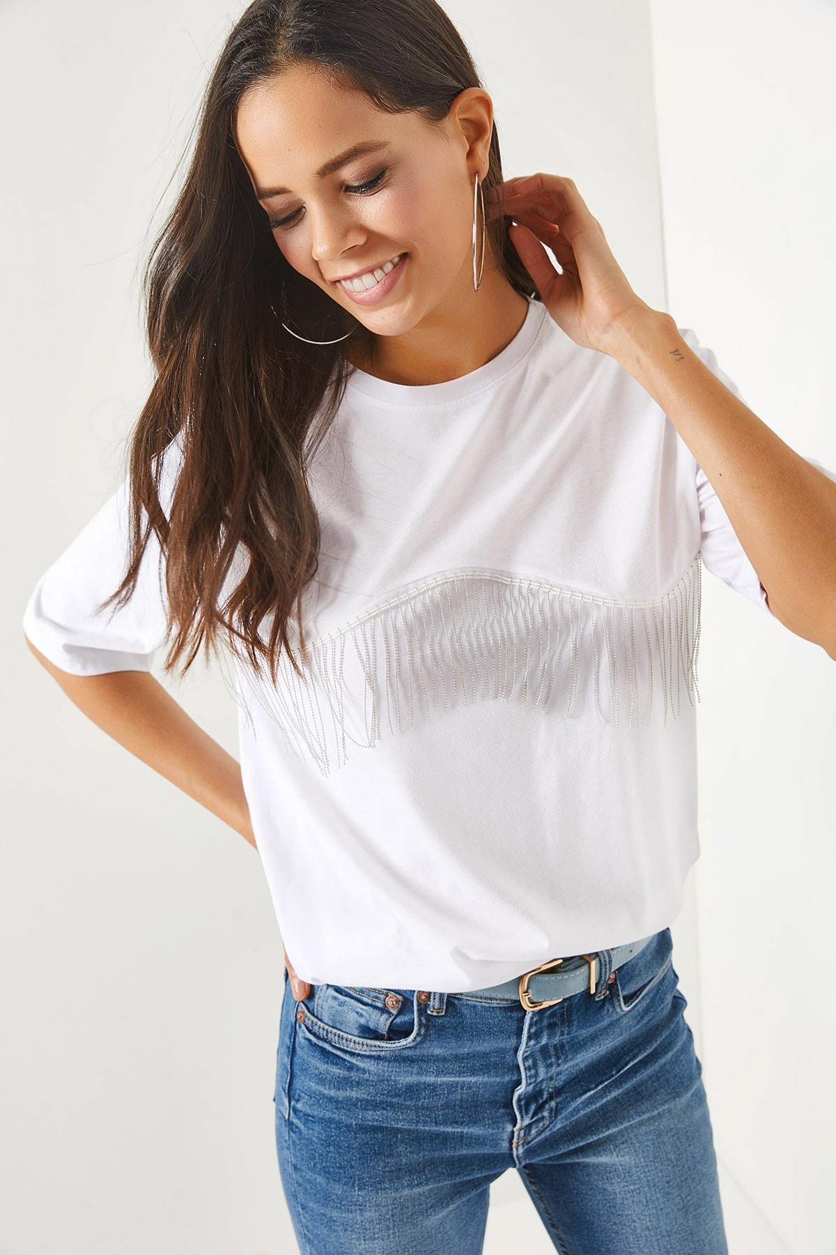 White Chain Garnish Oversized T-Shirt, , large image number 0