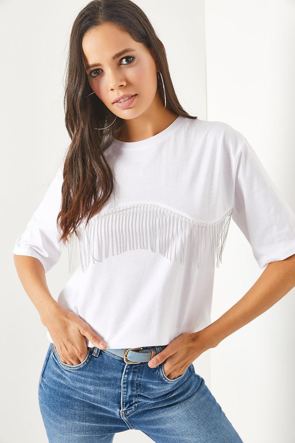 White Chain Garnish Oversized T-Shirt, , large image number 1