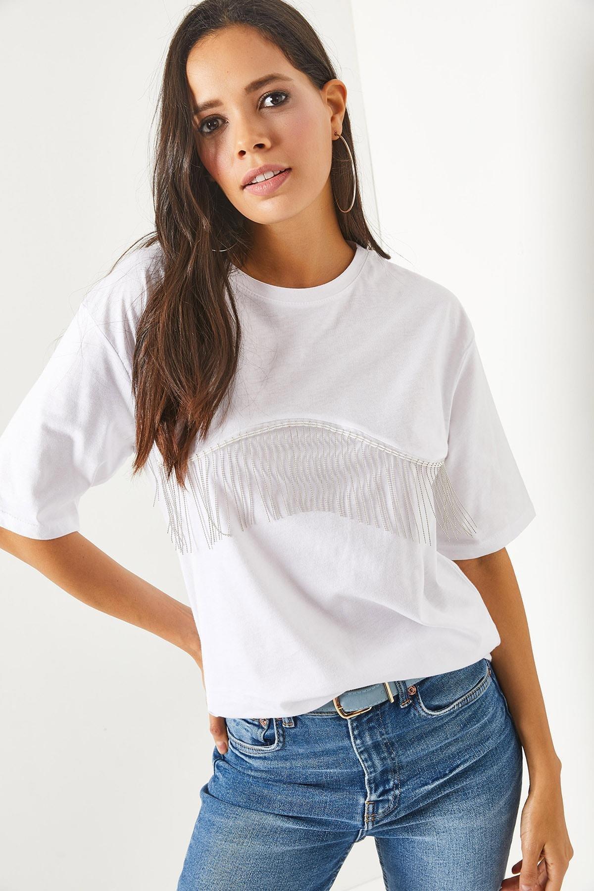 White Chain Garnish Oversized T-Shirt, , large image number 3