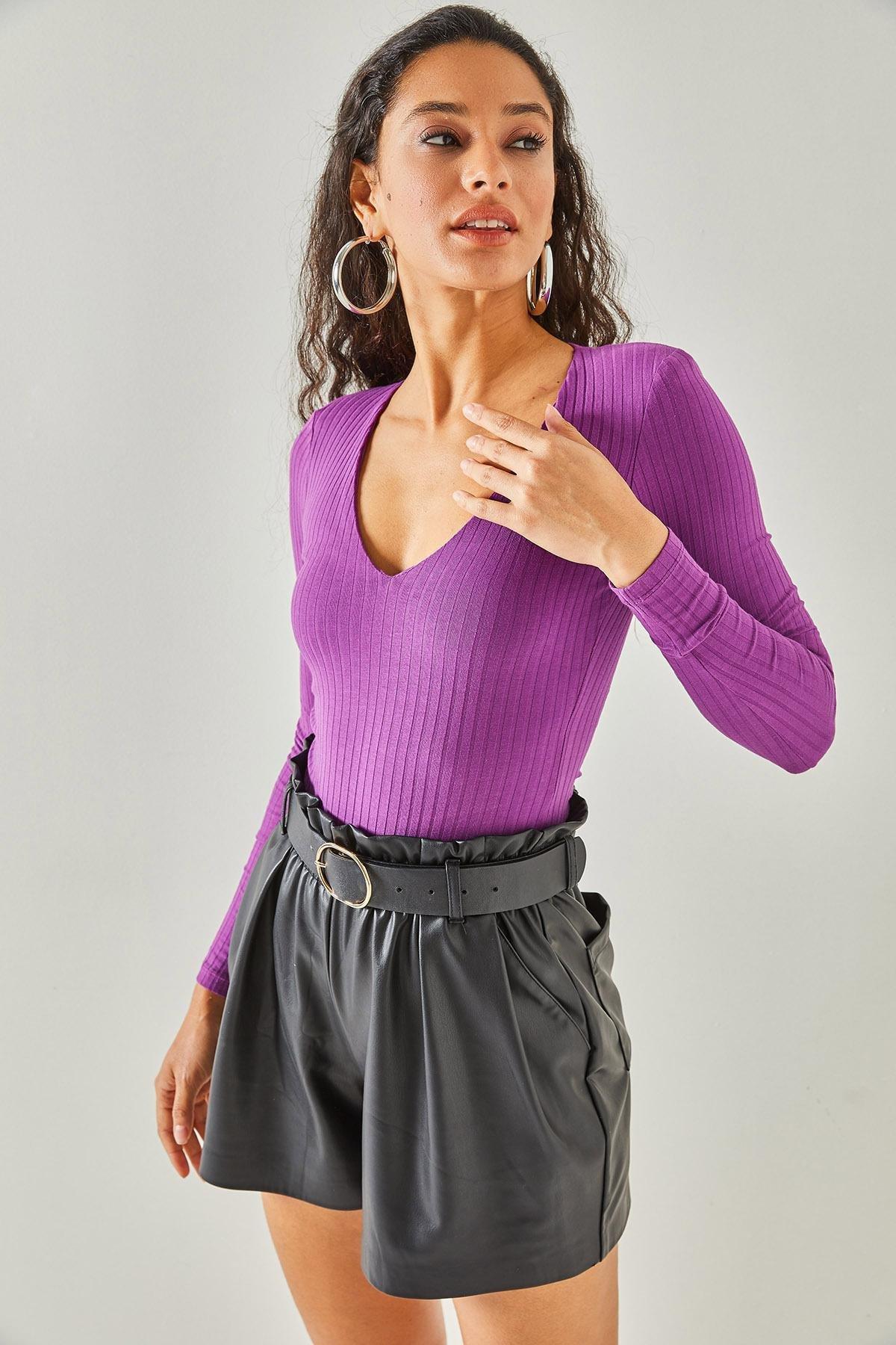 Purple V-Neck Bodysuit, , large image number 1