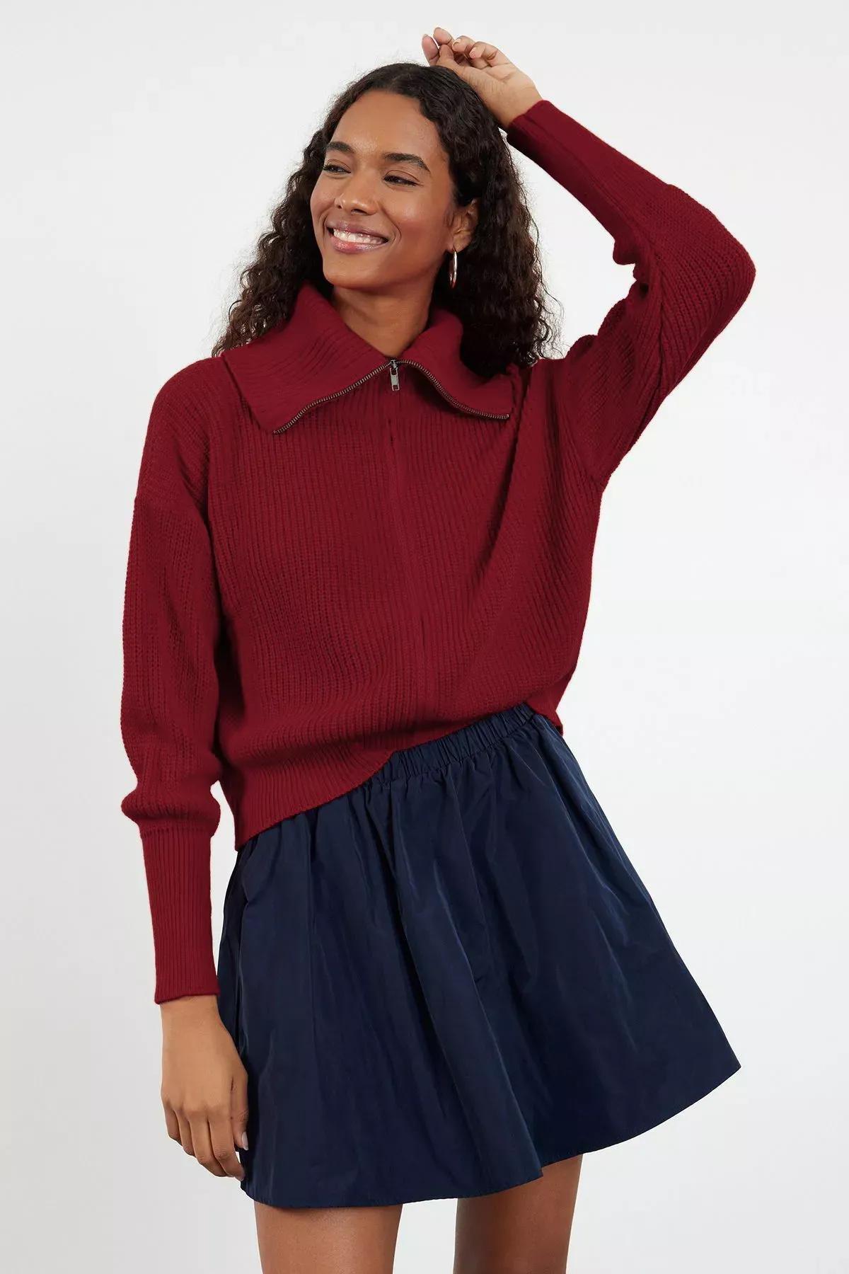Red Wide Collar Zipper Knitwear Cardigan, , large image number 0