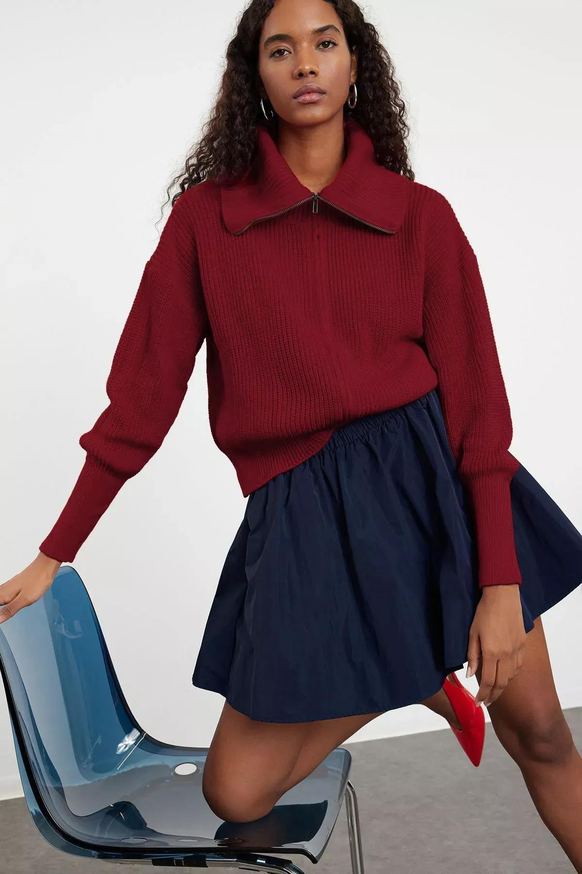 Red Wide Collar Zipper Knitwear Cardigan, , large image number 1