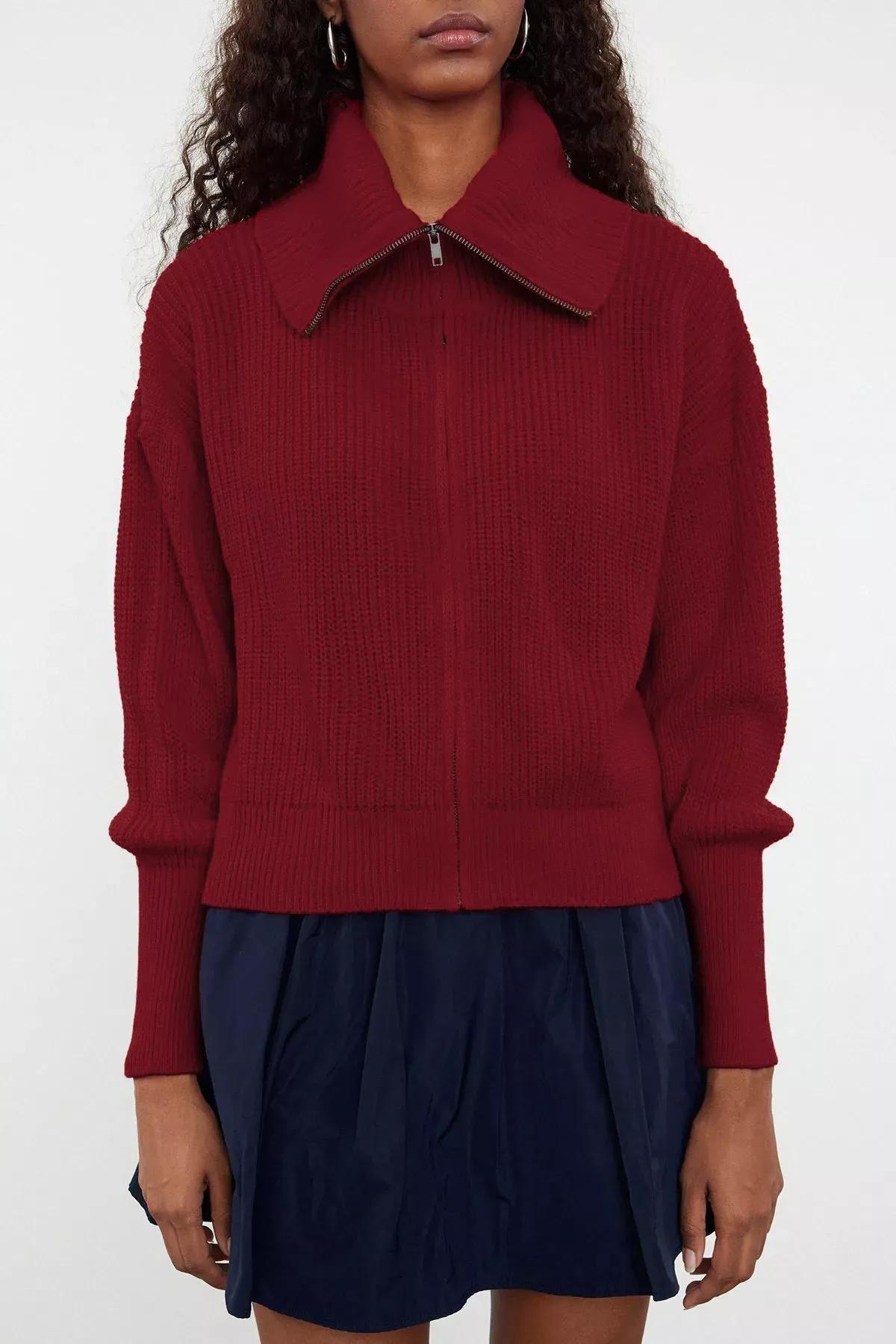 Red Wide Collar Zipper Knitwear Cardigan, , large image number 2